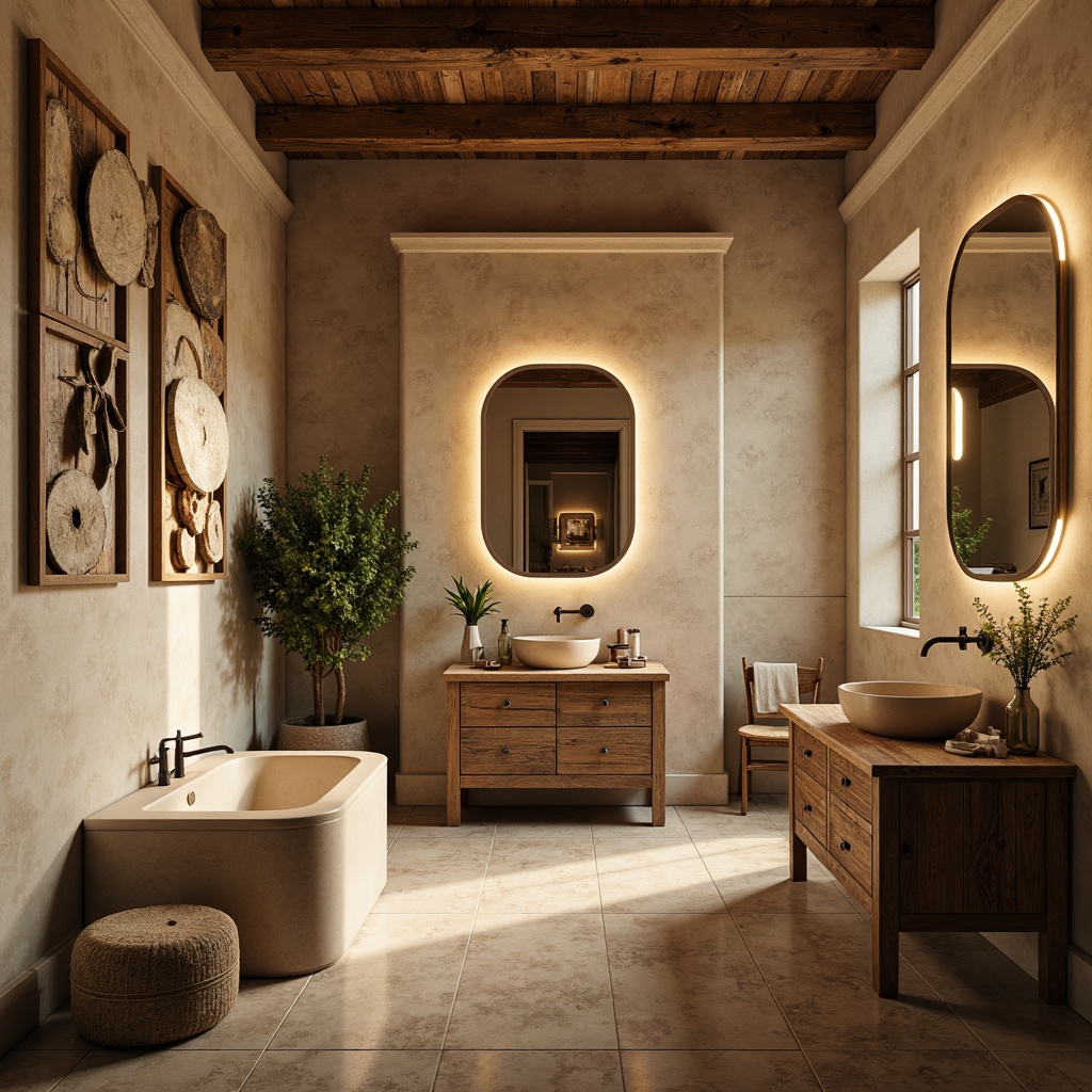 Prompt: Rustic bathroom, earthy tones, warm beige walls, reclaimed wood accents, distressed wooden cabinets, vintage metal fixtures, natural stone countertops, ceramic tile flooring, soft golden lighting, subtle texture details, cozy ambiance, relaxed atmosphere, 1/1 composition, shallow depth of field, realistic textures, ambient occlusion.