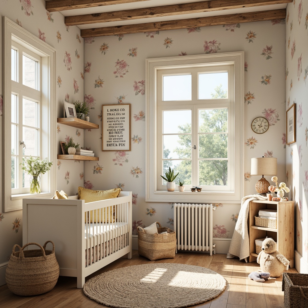 Prompt: Whimsical baby room, vernacular style, soft pastel colors, distressed wood accents, vintage nursery rhyme prints, floral patterned wallpaper, natural fiber rugs, woven baskets, plush toys, cream-colored furniture, subtle texture contrasts, warm golden lighting, shallow depth of field, 1/2 composition, intimate close-ups, realistic fabrics, ambient occlusion.