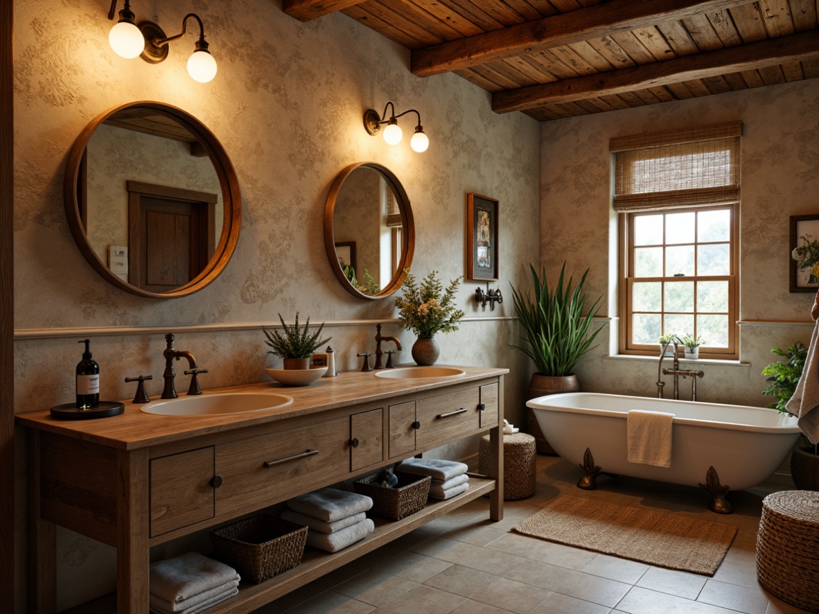 Prompt: Rustic bathroom, wooden accents, earthy tones, natural stone walls, vintage fixtures, copper pipes, distressed wood cabinets, bronze faucets, ornate mirrors, mason jar lighting, woven baskets, potted plants, country-style decor, warm beige colors, soft warm lighting, shallow depth of field, 1/2 composition, realistic textures, ambient occlusion.