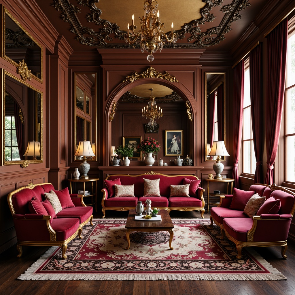 Prompt: Opulent boudoir, ornate furnishings, gilded carvings, velvety upholstery, curved lines, cabriole legs, intricately patterned rugs, luxurious fabrics, tassel trimmings, crystal chandeliers, soft warm lighting, Baroque-inspired mirrors, delicate porcelain vases, exquisite inlays, marble tops, carved wooden panels, rich jewel tones, lavish drapery, ornate picture frames, golden accents, whimsical sculptures.