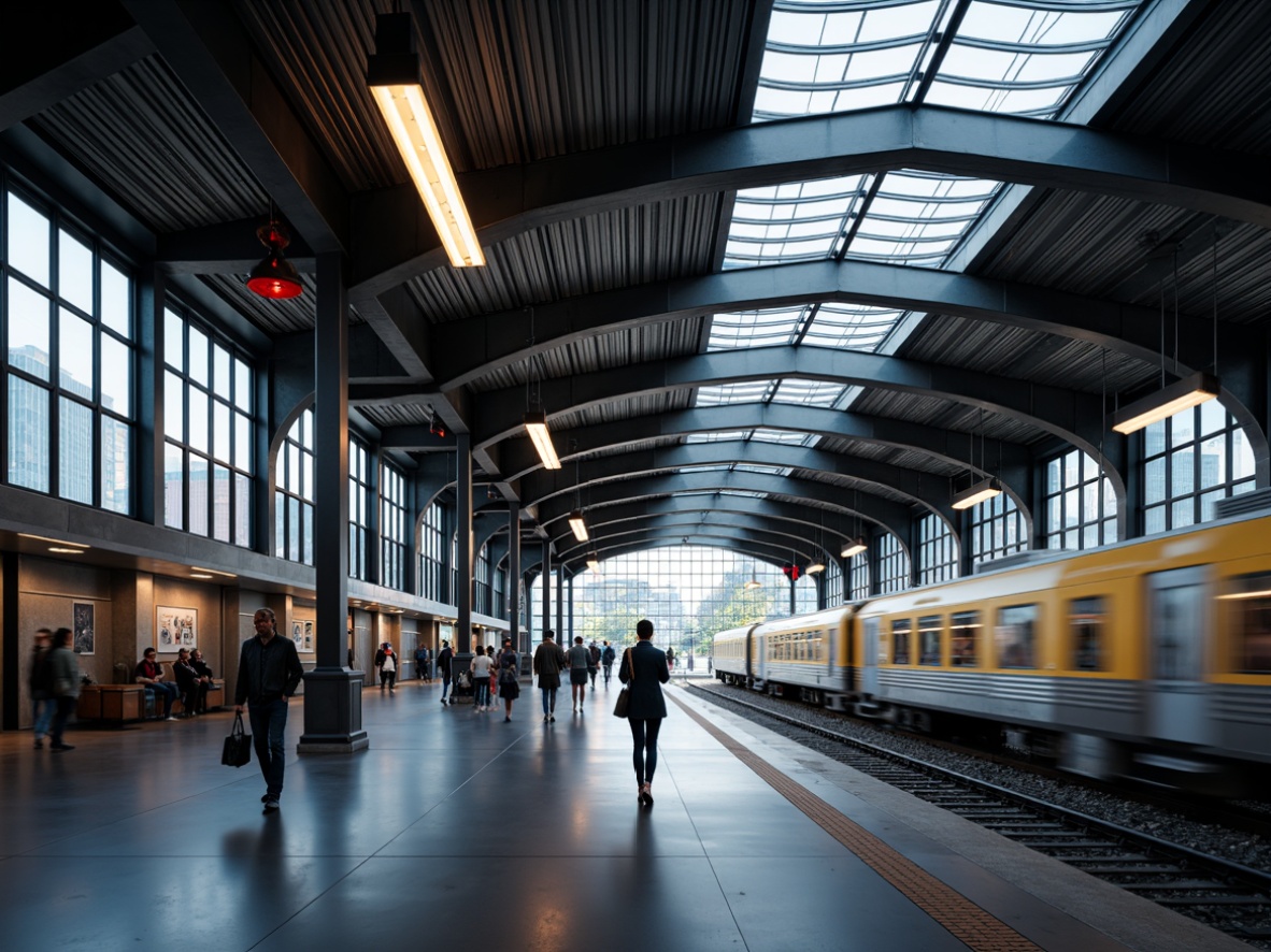 Prompt: Modern train station interior, sleek metal beams, industrial chic atmosphere, futuristic LED lighting fixtures, suspended linear lights, dynamic color-changing installations, minimalist pendant lamps, energy-efficient solutions, motion-sensing illumination, ambient warm glow, polished steel surfaces, reflective glass accents, urban cityscape views, bustling passenger activity, shallow depth of field, 3/4 composition, realistic textures, ambient occlusion.