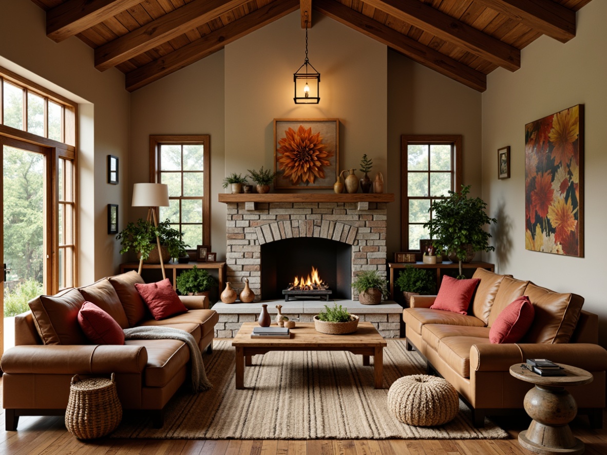 Prompt: Rustic family room, earthy color palette, warm beige walls, natural wood accents, wooden furniture, stone fireplace, soft brown leather sofa, vintage decor, distressed textures, cozy atmosphere, warm lighting, lantern-style chandelier, natural fiber rugs, woven baskets, potted plants, autumn-inspired colors, rich reds, deep oranges, muted yellows, earthy browns, nature-inspired patterns, organic shapes, 3/4 composition, shallow depth of field, realistic textures.