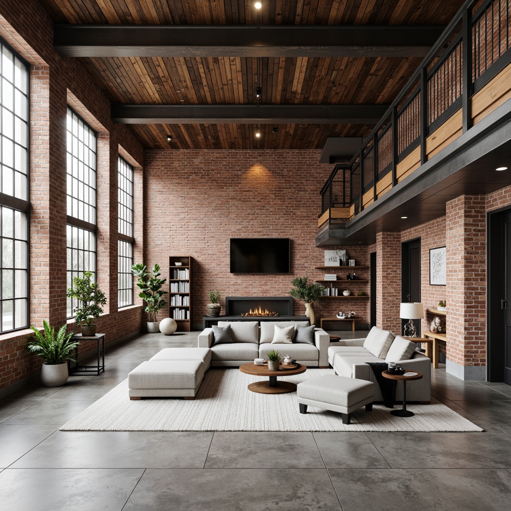 Prompt: Industrial-chic interior, exposed brick walls, polished concrete floors, reclaimed wood accents, metal beams, minimalist decor, neutral color palette, matte finishes, durable materials, low-maintenance design, rustic charm, urban loft atmosphere, natural light, industrial-style lighting, metallic textures, distressed finishes, earthy tones, functional simplicity.