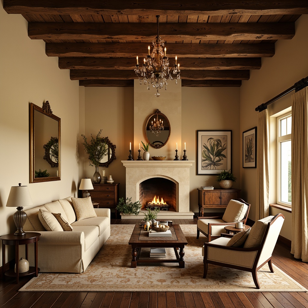 Prompt: Cozy family room, warm beige walls, rustic wooden beams, plush sectional sofa, vintage armchairs, soft golden lighting, table lamps, floor lamps, crystal chandeliers, warm candlelight, natural stone fireplace, creamy white mantel, rich wood flooring, elegant drapes, luxurious fabrics, ornate mirrors, classic country furniture, distressed finishes, warm color palette, inviting atmosphere, afternoon sunbeams, softbox lighting, 1/2 composition, subtle shadows, realistic textures.