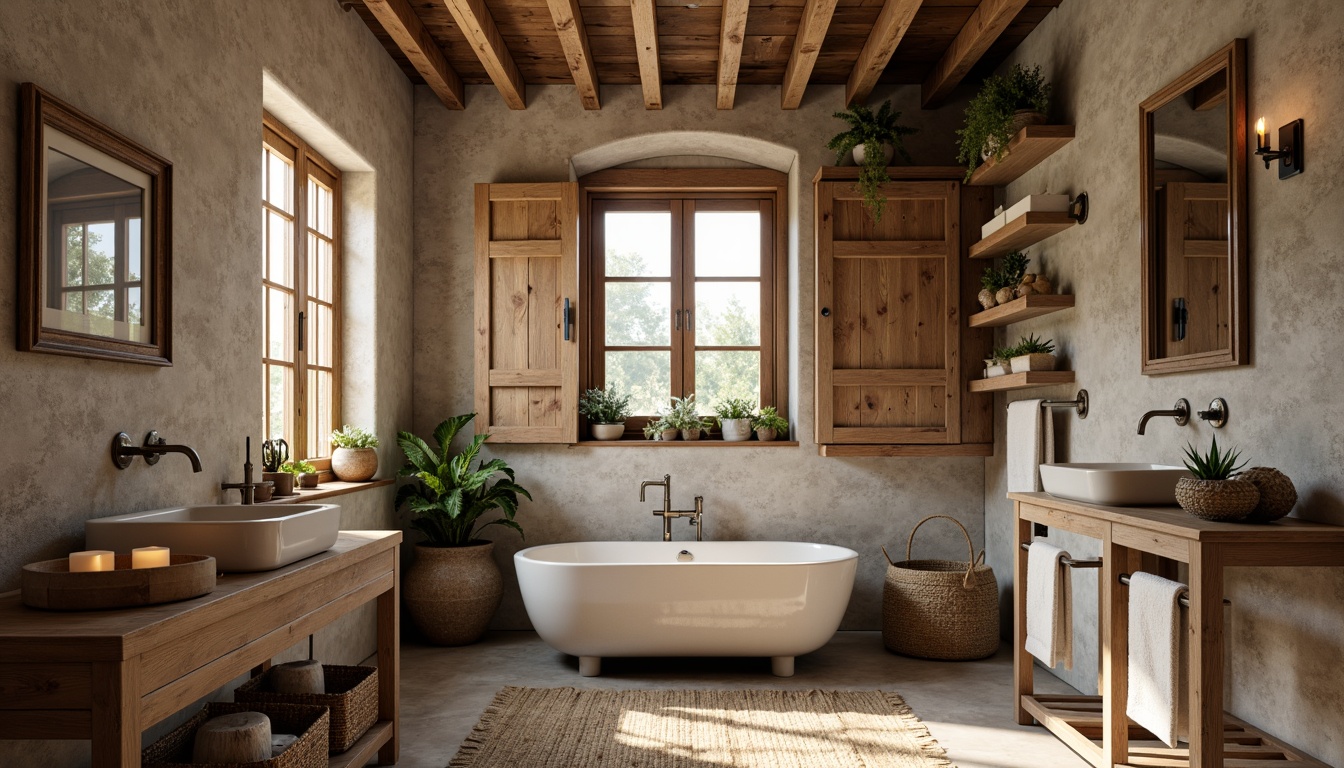 Prompt: Rustic bathroom, reclaimed wood accents, natural stone walls, earthy color palette, woven baskets, vintage metal fixtures, distressed wooden cabinets, linen textiles, burlap upholstery, jute rug, warm beige tones, soft candlelight, 1/1 composition, intimate atmosphere, realistic wood grain textures.