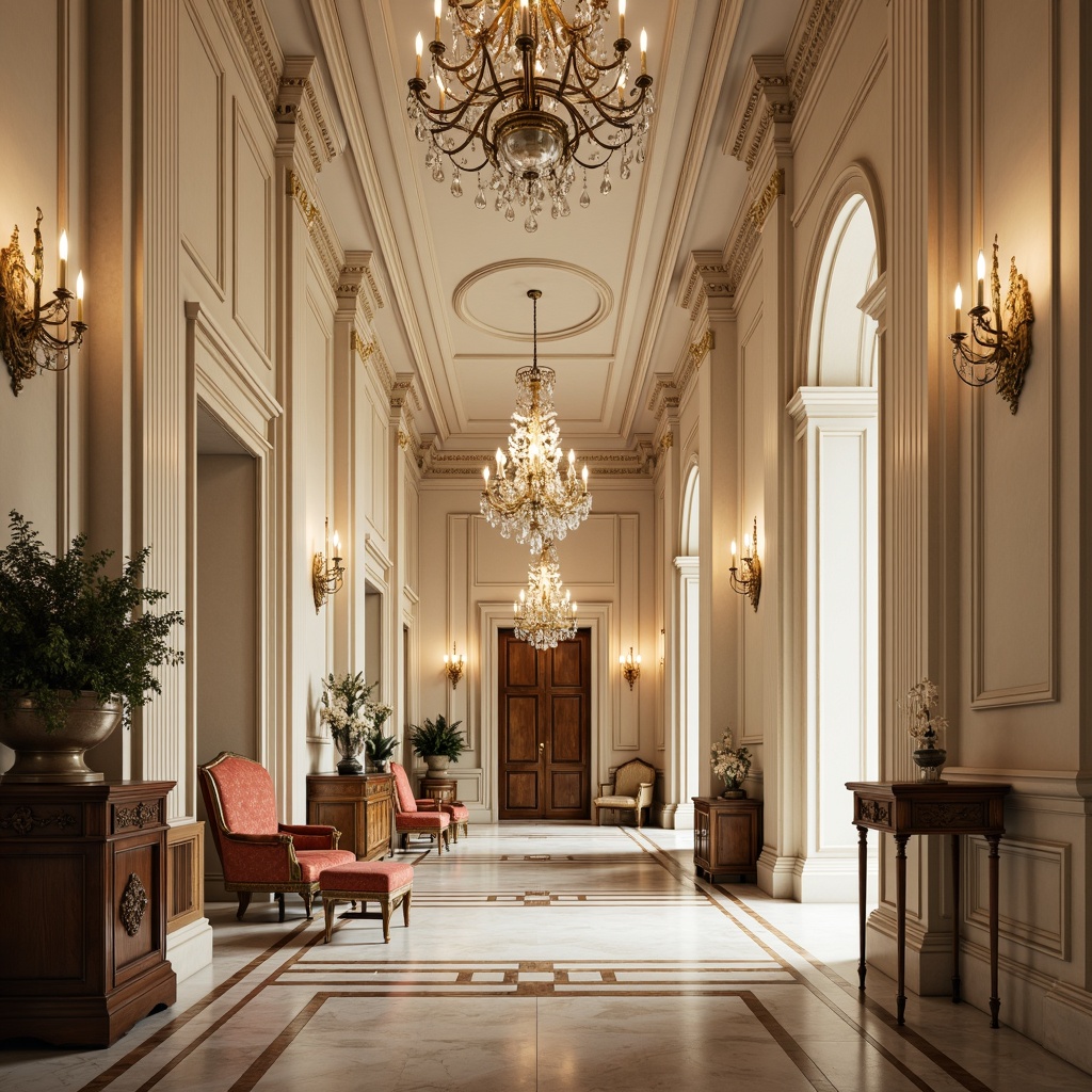 Prompt: Luxurious neoclassical interior, ornate moldings, polished marble floors, crystal chandeliers, rich velvet fabrics, gilded frames, antique furnishings, intricately carved wooden panels, subtle cream-colored walls, elegant archways, refined pilasters, grandiose ceiling designs, warm golden lighting, soft focus, 1/1 composition, realistic textures, ambient occlusion.