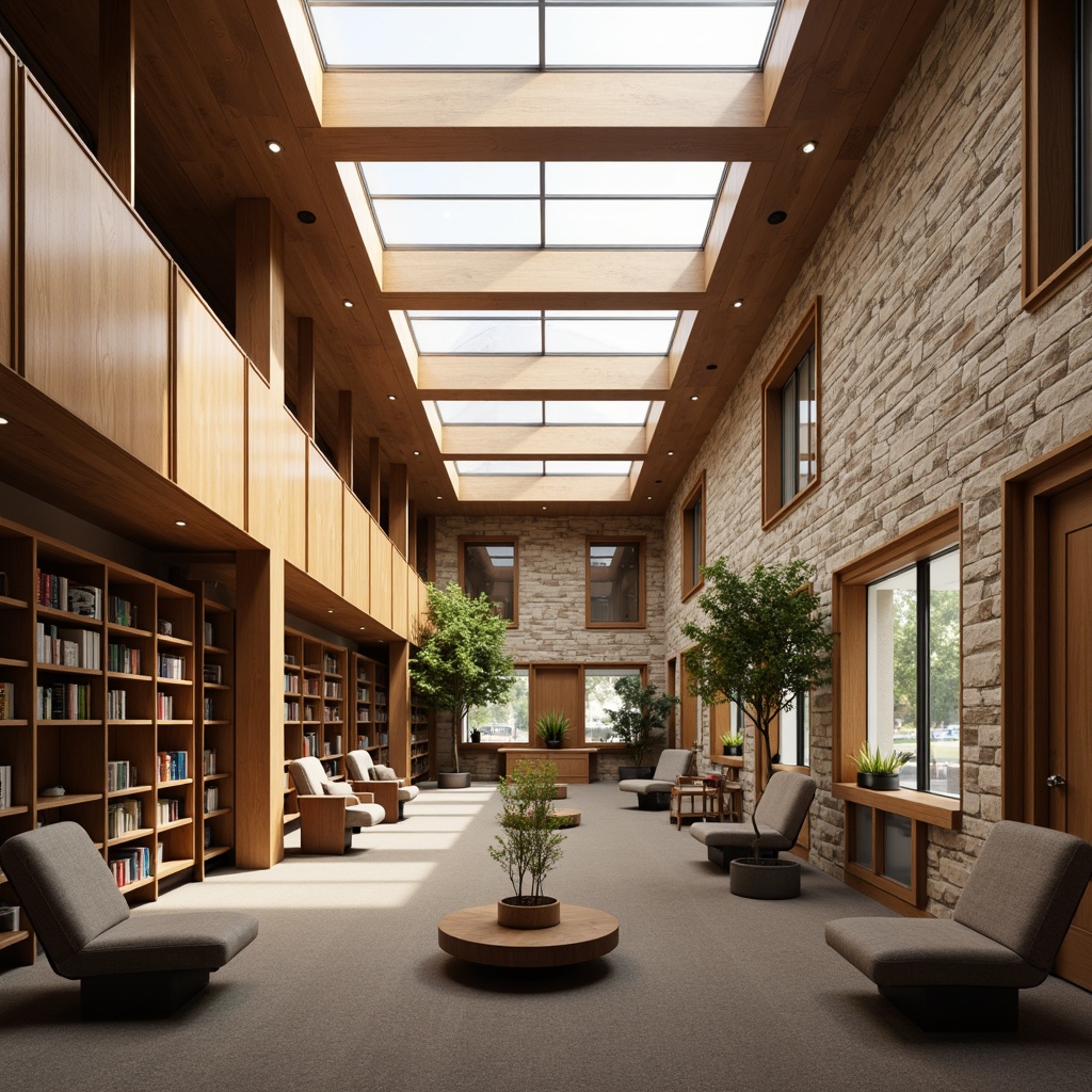 Prompt: Quiet library interior, warm wood tones, comfortable seating areas, sound-absorbing panels, acoustic diffusers, minimal echo, soft carpeting, plush upholstered chairs, wooden bookshelves, natural stone walls, high ceilings, clerestory windows, abundant natural light, gentle ambient lighting, 1/1 composition, shallow depth of field, realistic textures, subtle color palette.