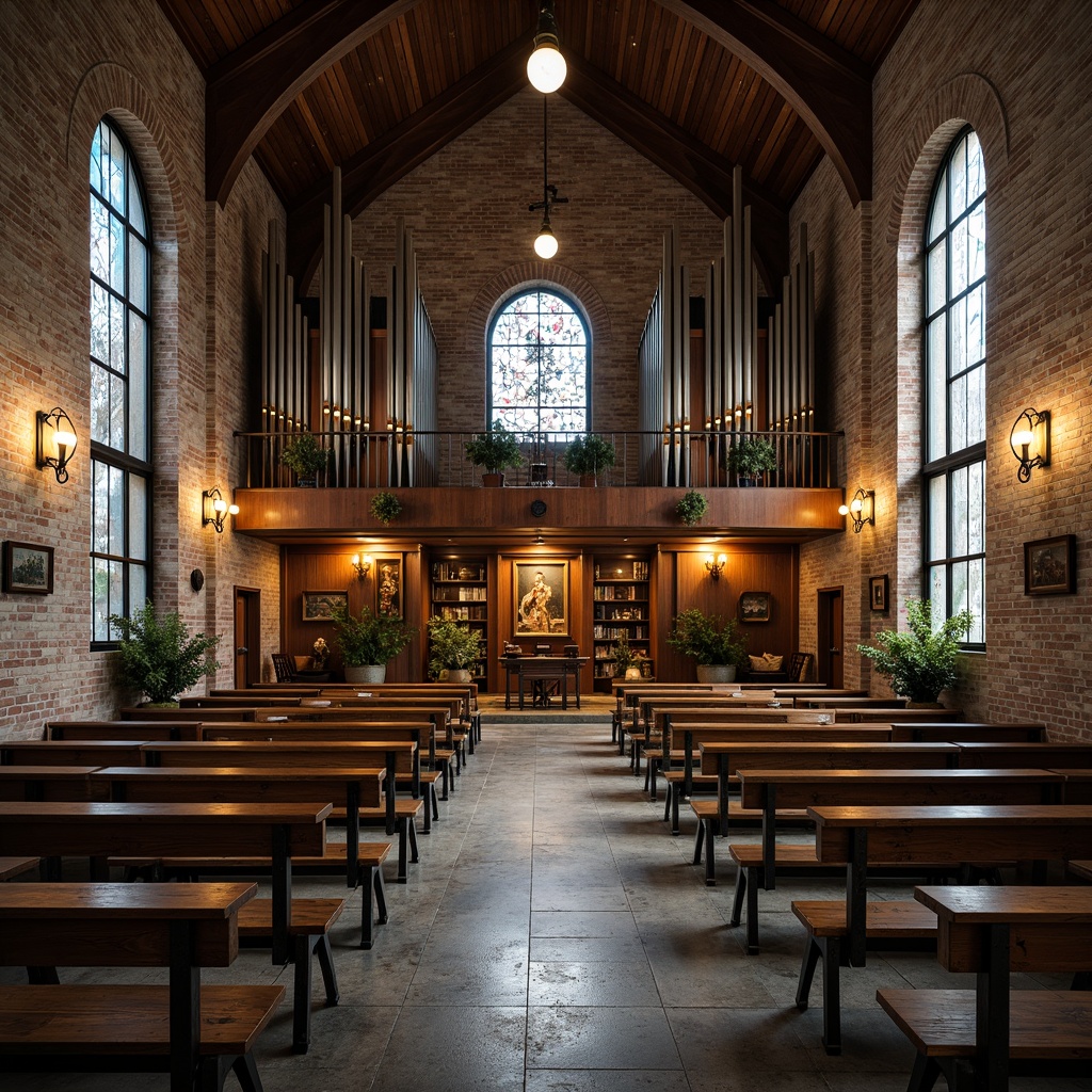 Prompt: Rustic wooden pews, industrial metal chairs, reclaimed wood accents, vintage factory lamps, exposed brick walls, high ceilings, stained glass windows, ornate altars, intricate stone carvings, grandiose pipe organs, distressed leather upholstery, metallic crosses, urban loft atmosphere, warm ambient lighting, shallow depth of field, 1/1 composition, realistic textures, ambient occlusion.