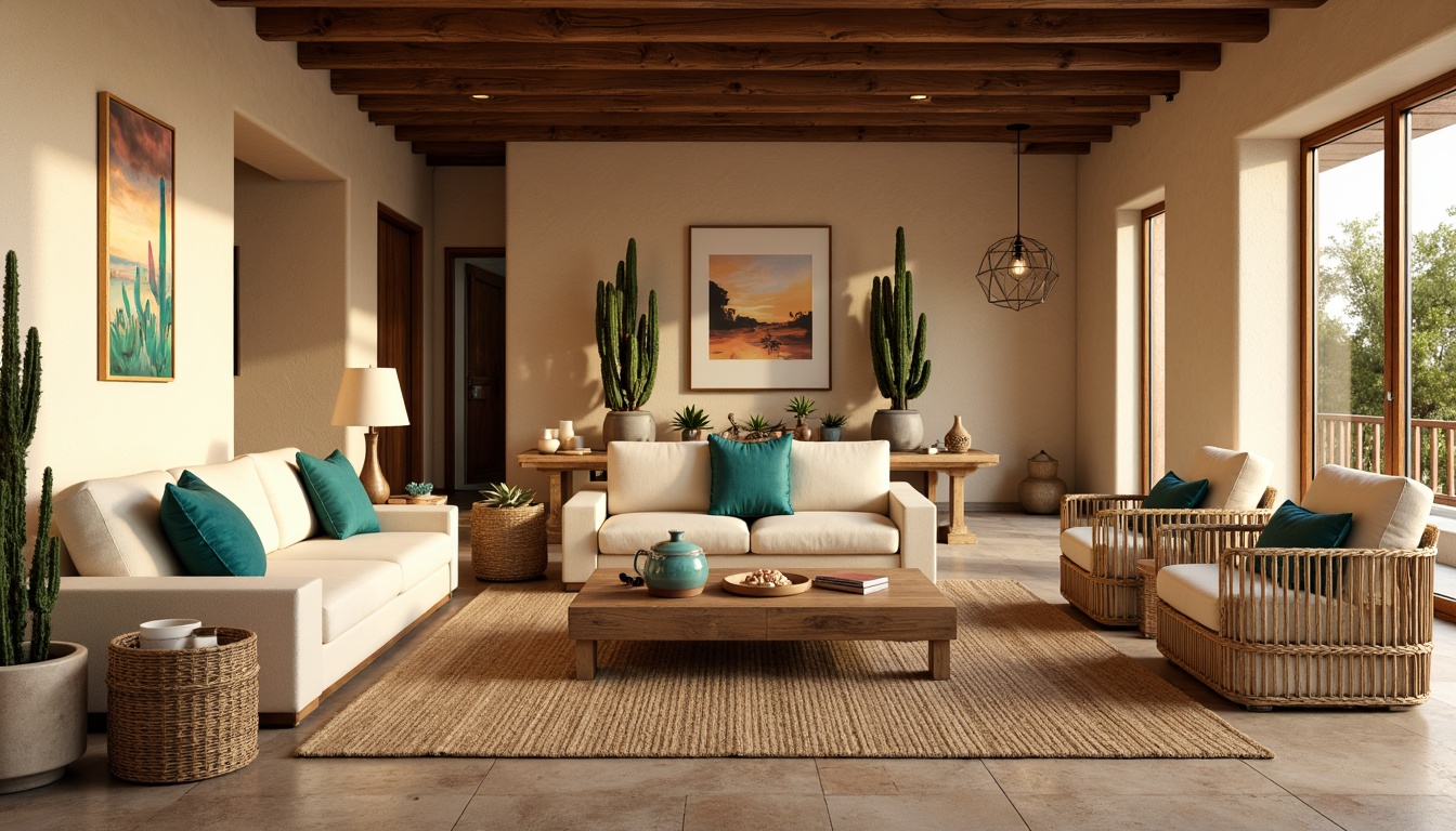 Prompt: Earthy great room, warm beige walls, rustic wooden accents, vibrant turquoise accessories, sandy stone floors, plush cream-colored sofas, woven jute rugs, natural fiber textiles, distressed wood coffee tables, woven rattan chairs, desert-inspired artwork, cactus plants, warm golden lighting, shallow depth of field, 3/4 composition, realistic textures, ambient occlusion.