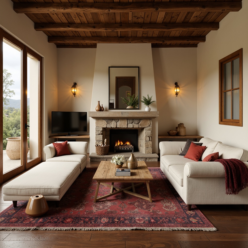 Prompt: Cozy family room, warm beige walls, soft cream furniture, distressed wood accents, vintage gold lighting, plush velvet textiles, rich burgundy rug, natural stone fireplace, earthy terracotta vases, rustic wooden beams, charming countryside views, soft diffused lighting, shallow depth of field, 2/3 composition, warm color harmony, inviting atmosphere.