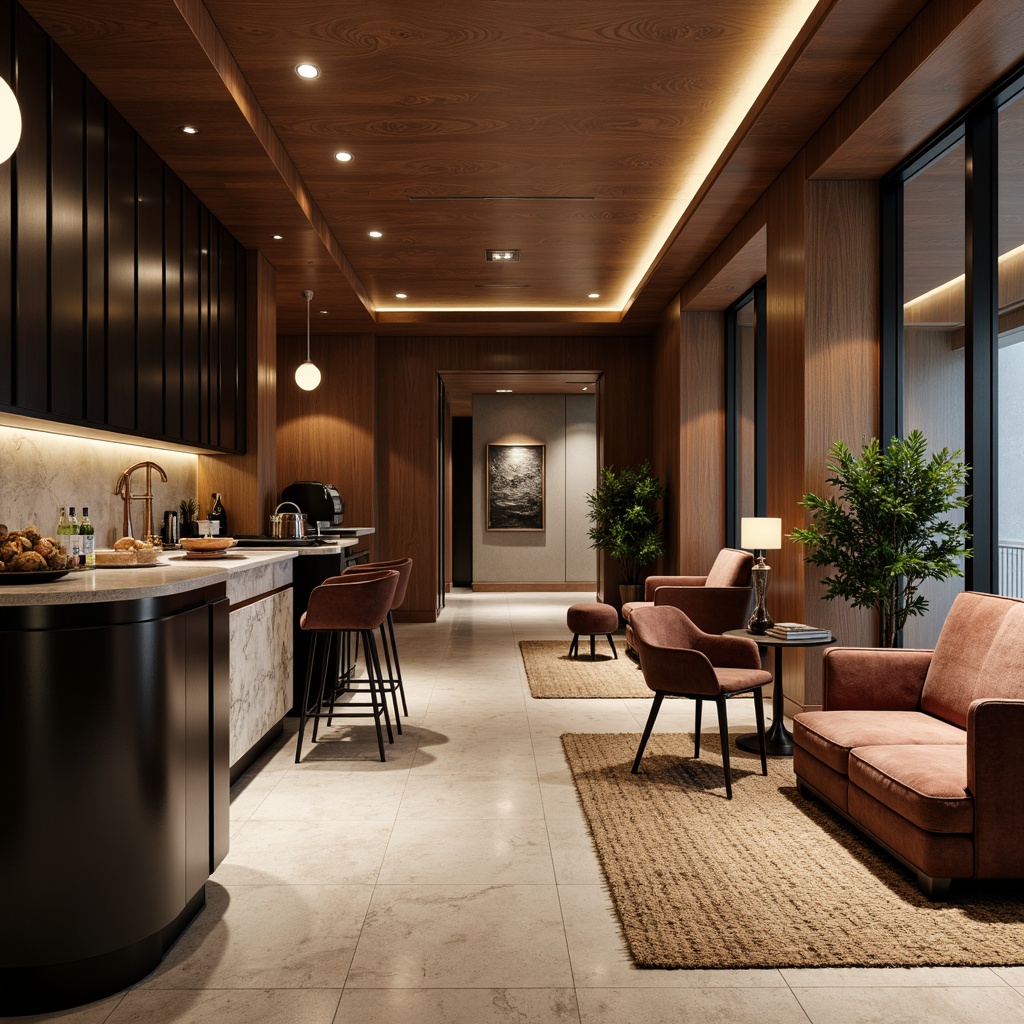 Prompt: Luxurious interior space, high-end material finishes, rich wood tones, polished marble countertops, matte black metal accents, soft velvet upholstery, woven natural fiber rugs, durable ceramic flooring, subtle texture variations, ambient warm lighting, 1/1 composition, shallow depth of field, realistic reflections.