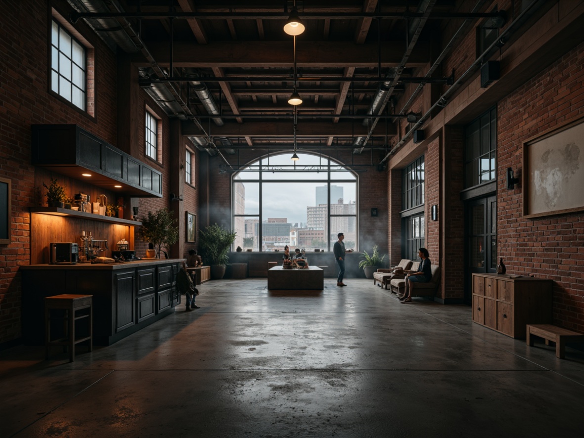 Prompt: Rustic warehouse, exposed brick walls, metal beams, reclaimed wood accents, industrial-style lighting fixtures, concrete floors, urban cityscape, gritty textures, moody color palette, atmospheric fog, dramatic shadows, cinematic composition, shallow depth of field, 2/3 aspect ratio, realistic wear and tear, ambient occlusion.