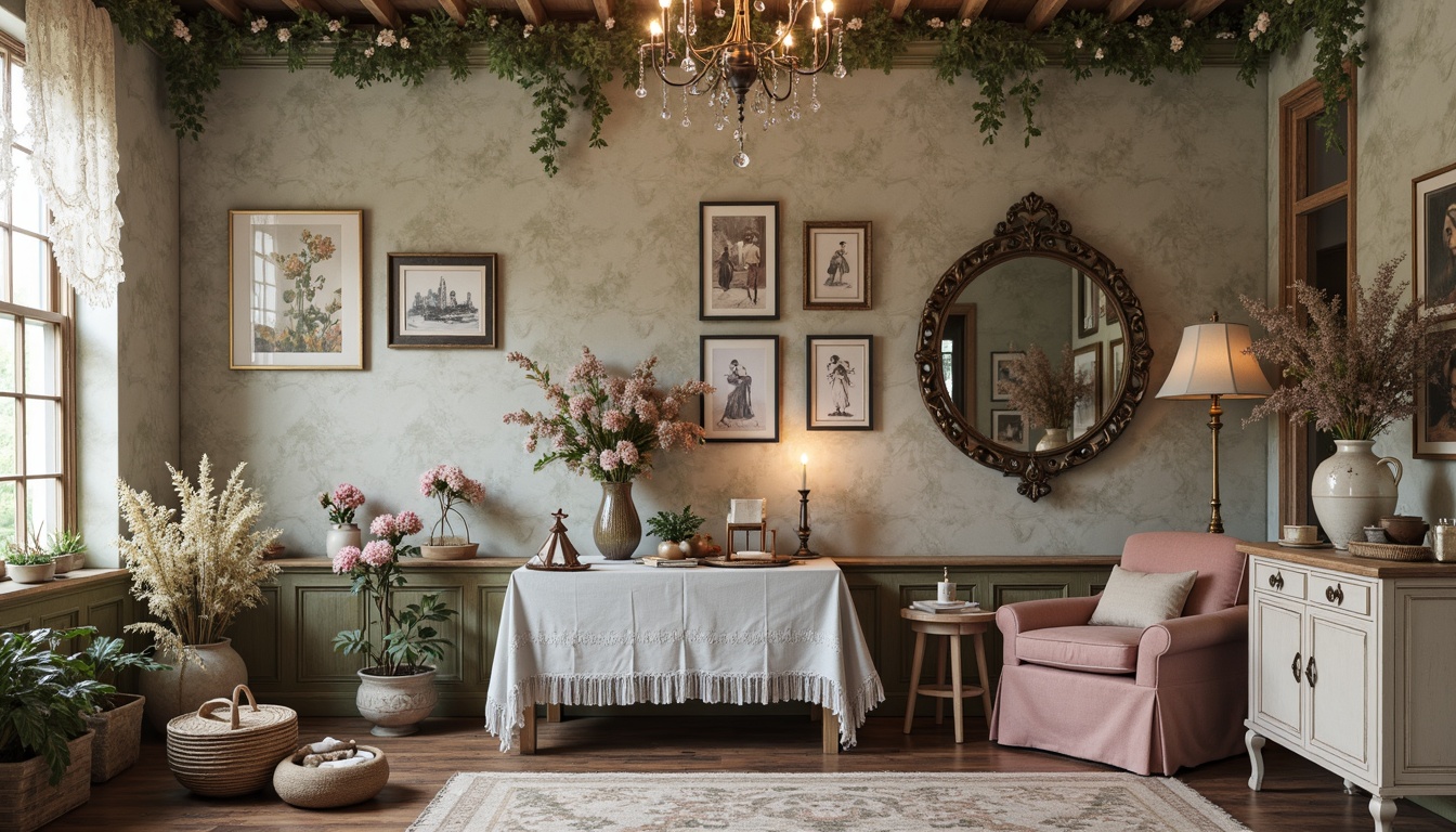 Prompt: Distressed finishes, vintage ornaments, soft pastel colors, delicate lace trims, ornate metalwork, floral patterns, rustic wooden accents, worn velvet upholstery, distressed mirrors, antique furniture pieces, elegant chandeliers, candlelit ambiance, natural fabrics, gentle color palette, feminine silhouettes, whimsical decorative accents, ornate picture frames, subtle sparkle, romantic atmosphere.