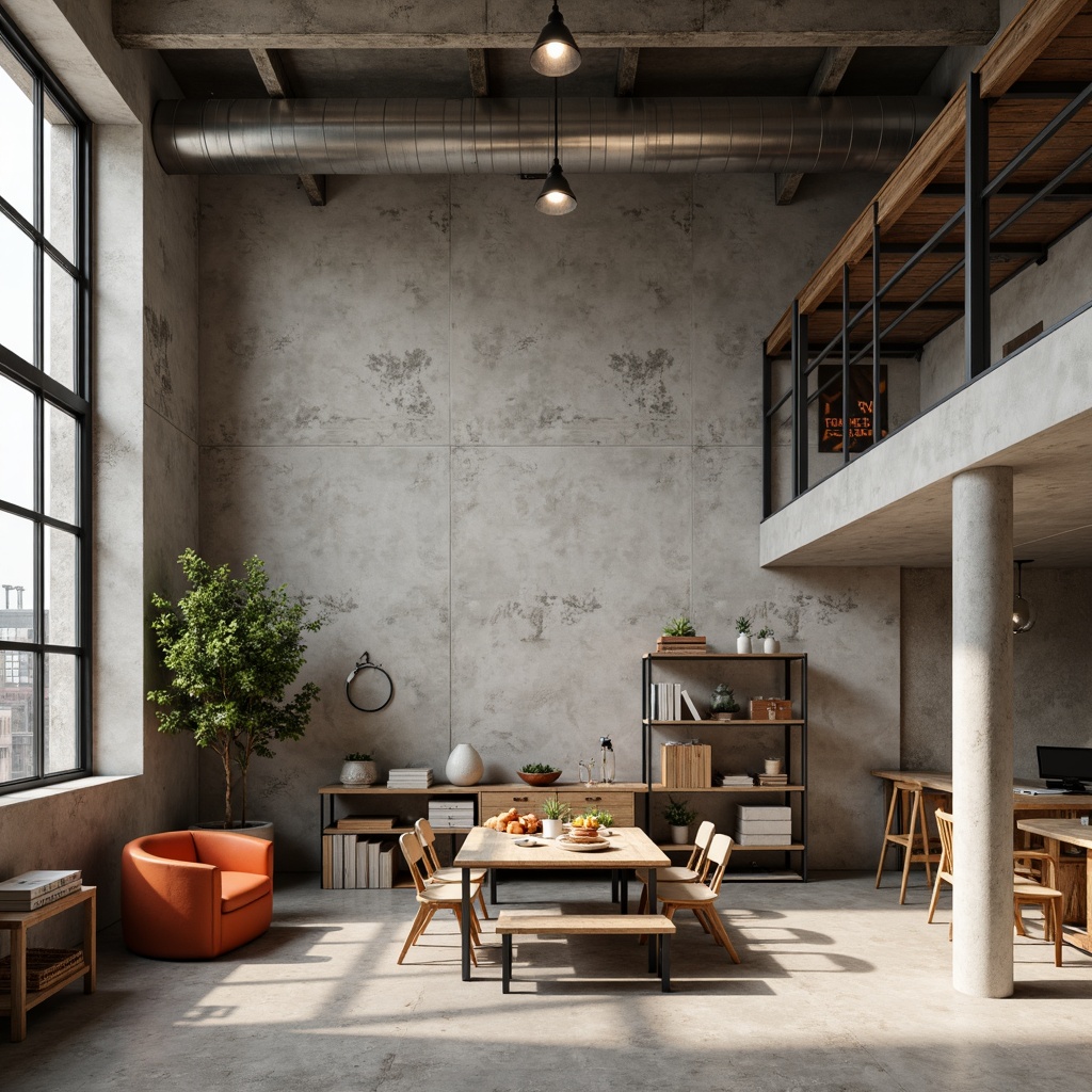 Prompt: Industrial concrete walls, exposed metal beams, minimalist decor, neutral color tones, monochromatic scheme, shades of gray, beige accents, pops of bright orange, industrial lighting fixtures, metal shelving units, reclaimed wood accents, urban loft atmosphere, natural textures, subtle contrasts, soft warm lighting, 1/2 composition, realistic renderings, ambient occlusion.