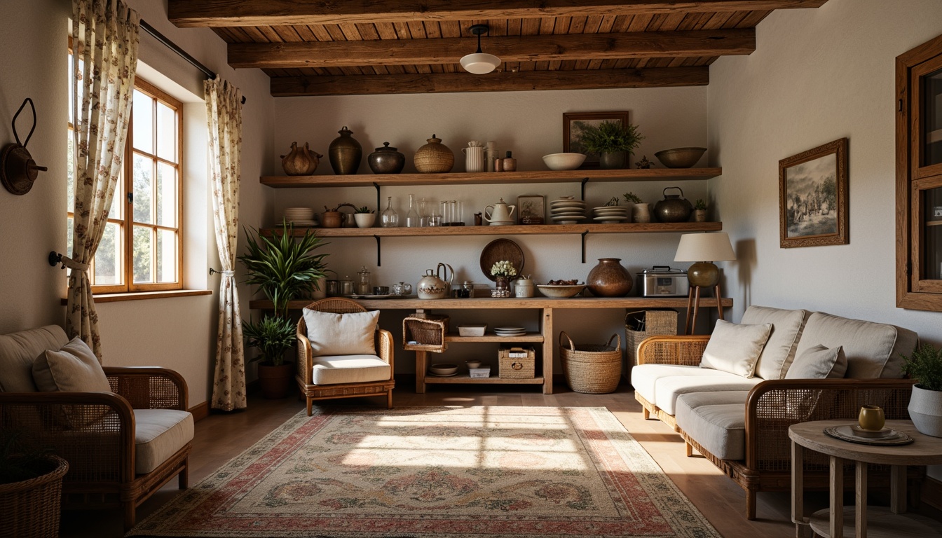 Prompt: Rustic storage room, distressed wood accents, vintage metalware, woven baskets, soft warm lighting, plush area rugs, natural jute fabrics, earthy tone upholstery, linen drapes, lace trim details, floral patterned curtains, cozy throw blankets, woven rattan furniture, wooden crates, aged stone walls, creamy whites, weathered wood tones, romantic ambiance, intimate scale, shallow depth of field, 1/1 composition.