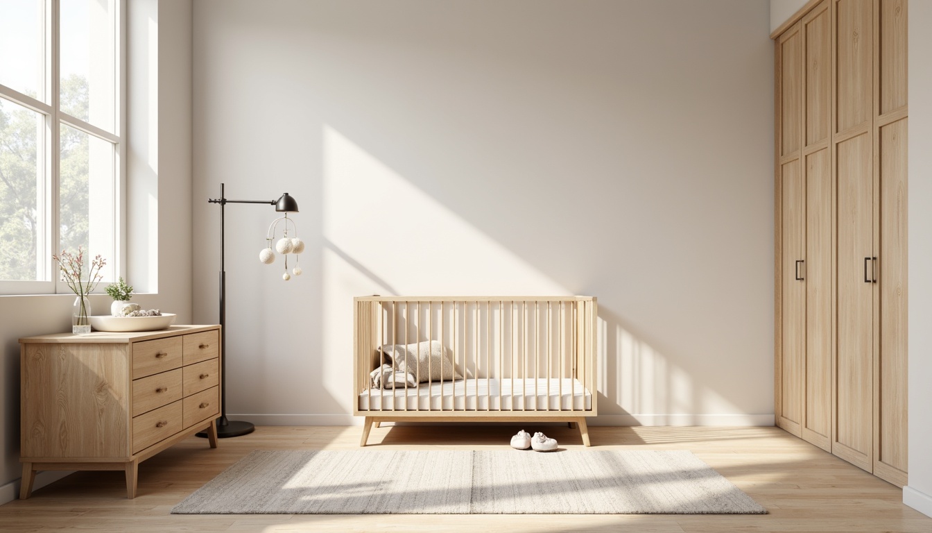 Prompt: Minimalist baby room, soft pastel colors, natural wood tones, clean lines, simple shapes, limited decorative elements, calm atmosphere, plenty of negative space, functional furniture pieces, convertible crib, compact changing table, minimalist dresser, gliding closet doors, soft area rug, warm floor lamp, delicate mobile above crib, gentle morning light, shallow depth of field, 1/1 composition, soft focus, realistic textures.