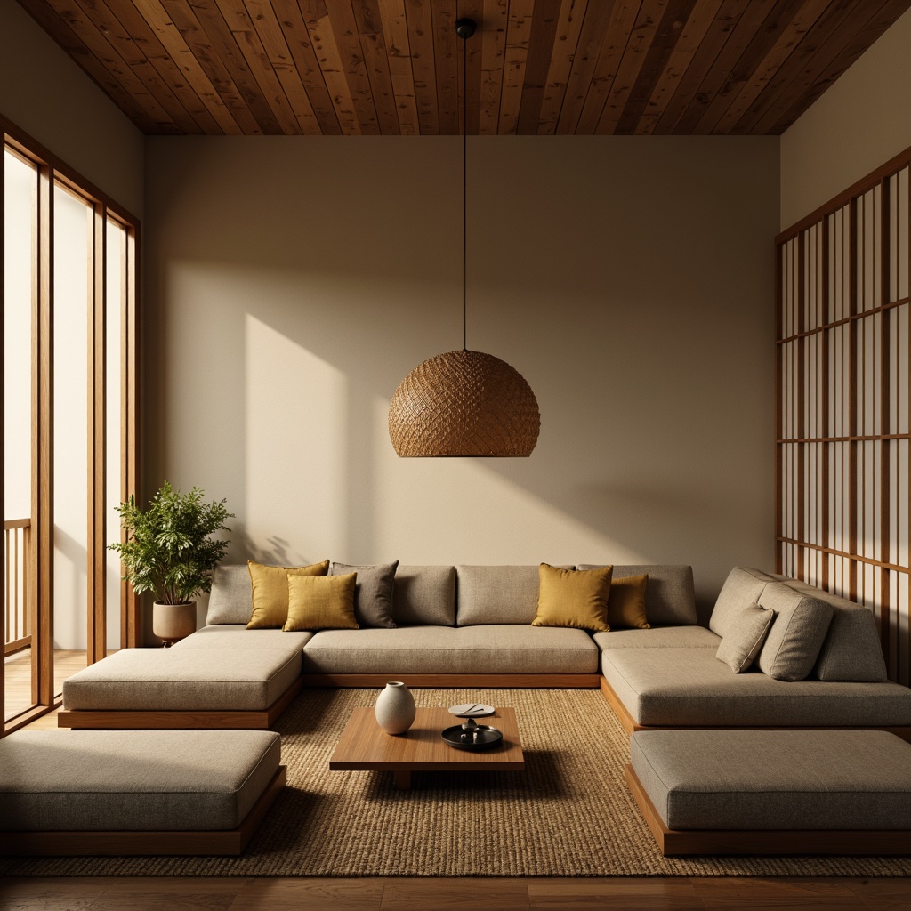 Prompt: Minimalist Japanese-inspired interior, low-seating sofas, wooden coffee tables, paper lanterns, sliding shoji screens, natural fiber rugs, bamboo accents, subtle Asian patterns, earthy color palette, warm ambient lighting, shallow depth of field, 1/1 composition, soft focus, realistic textures, ambient occlusion.