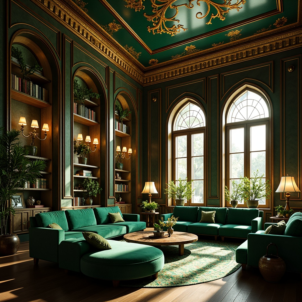 Prompt: Luxurious Art Nouveau interior, rich jewel tones, emerald green walls, ornate gold accents, intricate wooden carvings, sinuous organic lines, flowing curves, velvety soft fabrics, plush furnishings, opulent chandeliers, stained glass windows, warm golden lighting, dramatic shadows, 3/4 composition, shallow depth of field, realistic textures, ambient occlusion.