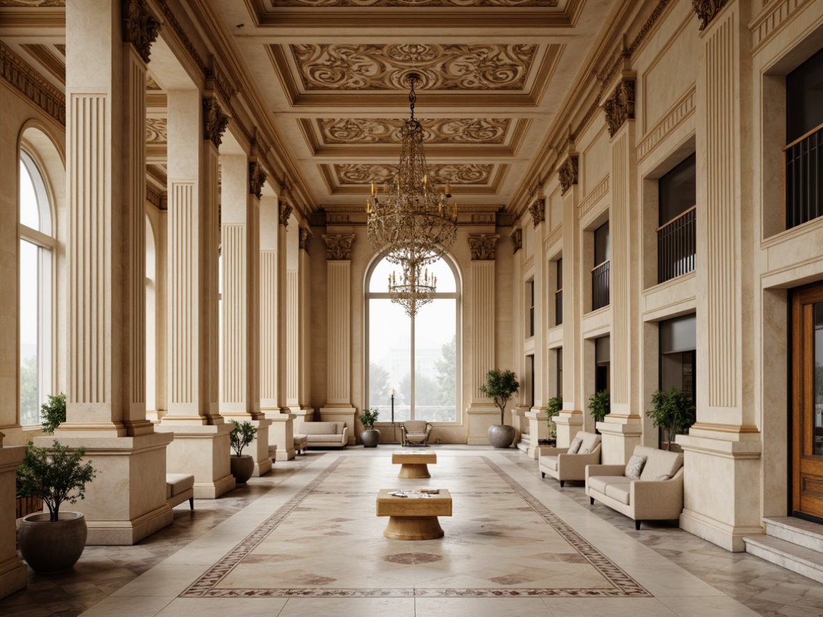 Prompt: Grandiose neoclassical architecture, ornate columns, intricately carved details, rich marble textures, warm beige stone walls, soft creamy whites, muted gold accents, subtle bronze tones, lavish chandeliers, opulent furnishings, elegant proportions, symmetrical compositions, classical sculptures, ornamental patterns, natural light pouring in through grand windows, slight misty atmosphere, shallow depth of field, 2/3 composition, realistic reflections, ambient occlusion.