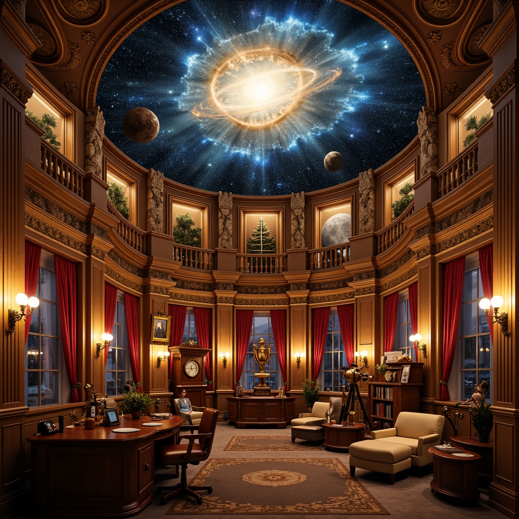 Prompt: Elegant planetarium interior, rich wood paneling, ornate Victorian details, celestial-themed frescoes, intricate stonework, polished brass accents, luxurious velvet drapes, majestic starry night sky projections, wooden astronomical instruments, vintage telescopes, leather-bound astronomy books, warm candlelight ambiance, soft golden lighting, shallow depth of field, 1/1 composition, realistic textures, ambient occlusion.