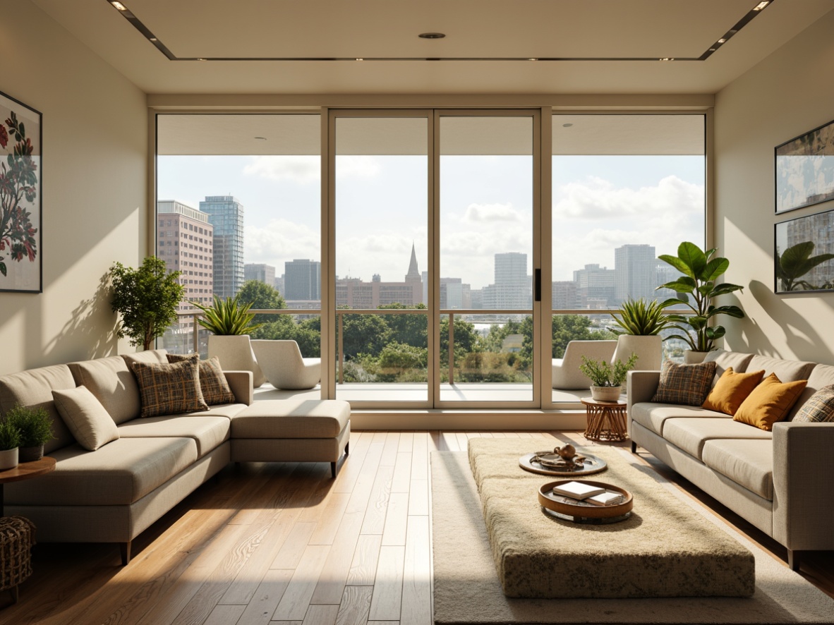 Prompt: Vibrant living room, floor-to-ceiling windows, sliding glass doors, minimal obstructions, reflective surfaces, creamy white walls, polished wooden floors, greenery-filled balcony, urban cityscape views, sunny afternoon, soft warm lighting, shallow depth of field, 3/4 composition, panoramic view, realistic textures, ambient occlusion.