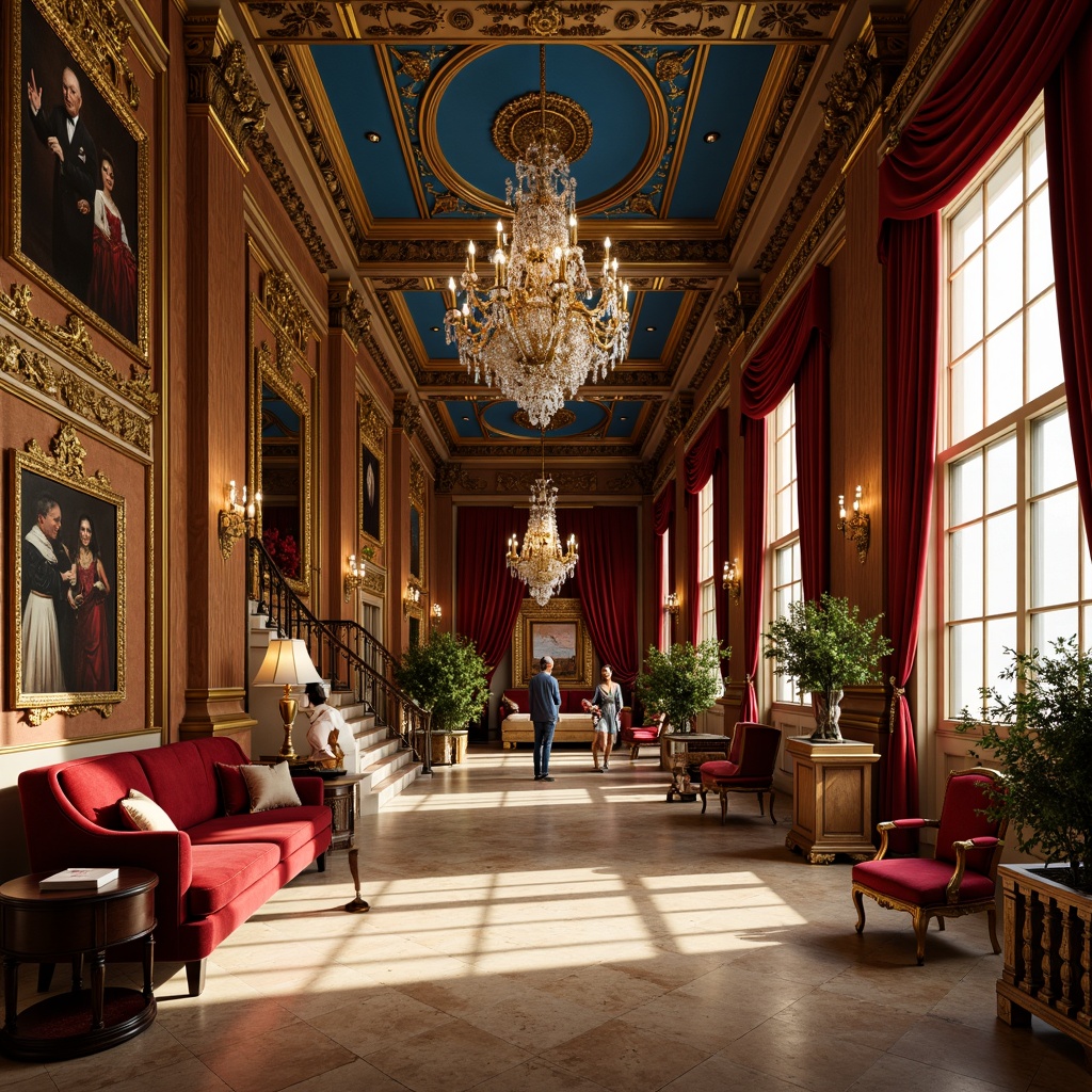 Prompt: Luxurious baroque interior, rich gold accents, ornate furnishings, velvety dark red walls, lavish chandeliers, intricate carvings, ornamental mirrors, grandiose staircases, opulent fabrics, regal blue ceilings, warm beige marble floors, dramatic lighting, shallow depth of field, 1/1 composition, realistic textures, ambient occlusion.