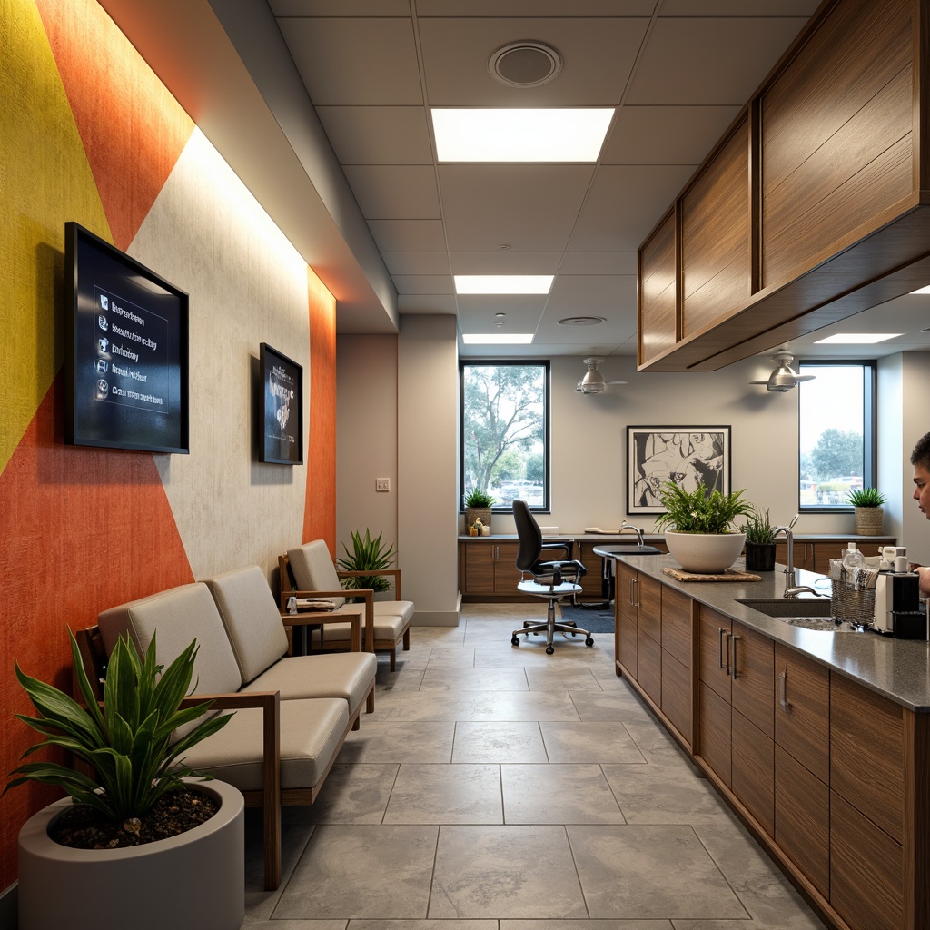 Prompt: Calming dental clinic, soothing atmosphere, unique wall treatments, bold geometric patterns, vibrant color accents, modern minimalist decor, sleek metal equipment, ergonomic furniture, natural stone flooring, ambient LED lighting, shallow depth of field, 3/4 composition, panoramic view, realistic textures, ambient occlusion.