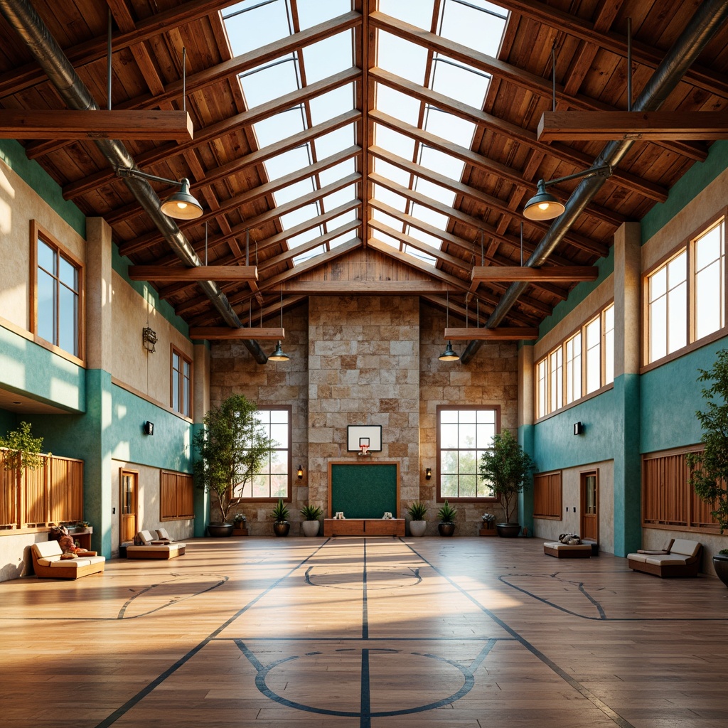 Prompt: Southwestern-style gymnasium, warm earthy tones, rustic wooden accents, vibrant turquoise hues, industrial metal beams, exposed ductwork, reclaimed wood flooring, natural stone walls, large windows, clerestory lighting, skylights, LED track lights, suspended lanterns, ambient indirect lighting, high-contrast dramatic shadows, 1/2 composition, realistic textures, soft warm glow, dynamic athletic atmosphere.