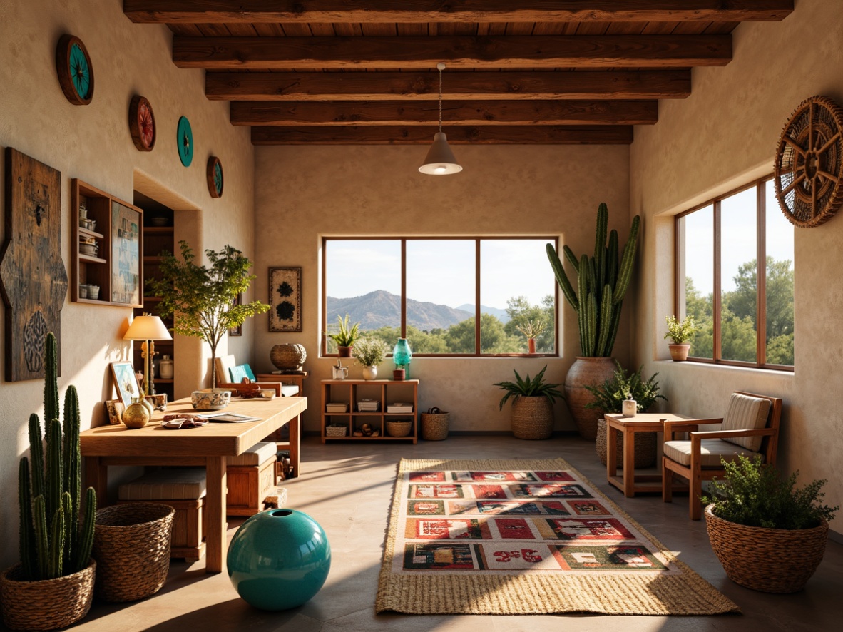 Prompt: Cozy craft room, Southwestern style, warm beige walls, rustic wood accents, vibrant turquoise decorations, colorful textiles, woven baskets, natural fiber rugs, wooden workbenches, task lamps, warm soft lighting, table lamps, floor lamps, pendant lights, ambient occlusion, shallow depth of field, 1/1 composition, realistic textures, desert landscape, cactus plants, sunny day, clear blue sky.