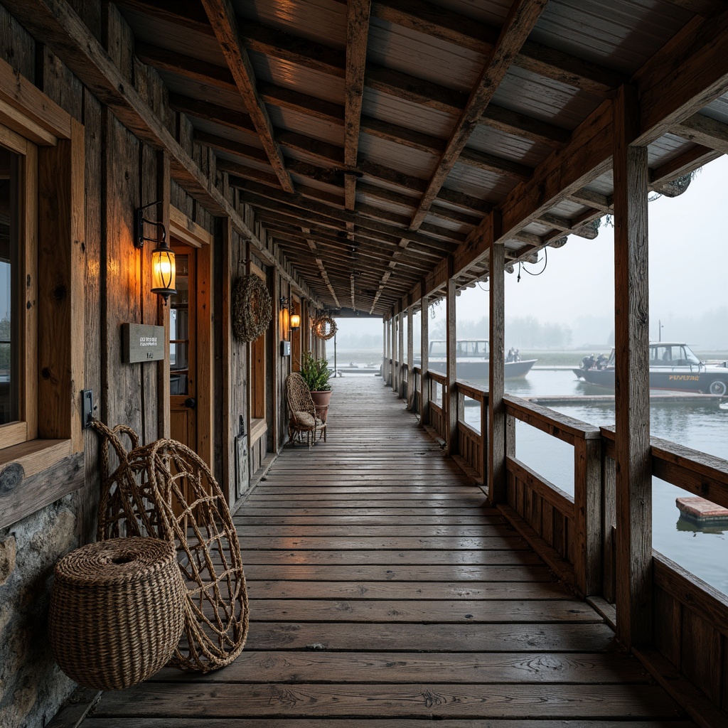 Prompt: Rustic boathouse, wooden docks, weathered planks, corrugated metal roofs, earthy tones, natural stone walls, reclaimed wood accents, nautical ropes, vintage fishing nets, distressed finishes, warm candle lighting, soft misty atmosphere, shallow depth of field, 1/1 composition, realistic textures, ambient occlusion.