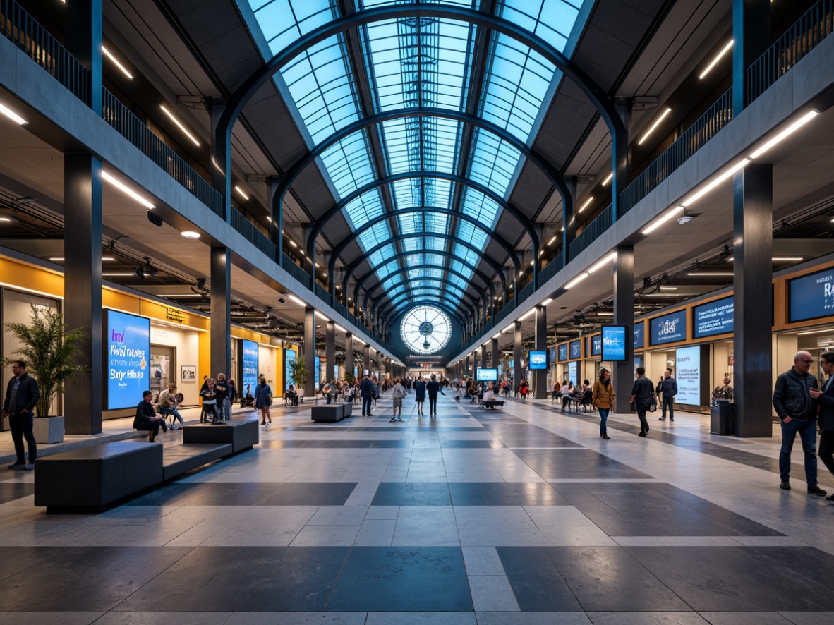 Prompt: Modern train station interior, sleek glass ceilings, polished metal columns, vibrant LED lighting strips, futuristic pendant lamps, geometric patterned floor tiles, minimalist benches, large digital displays, announcements screens, comfortable waiting areas, warm ambient lighting, softbox lights, indirect cove lighting, 3/4 composition, panoramic view, realistic textures, ambient occlusion.