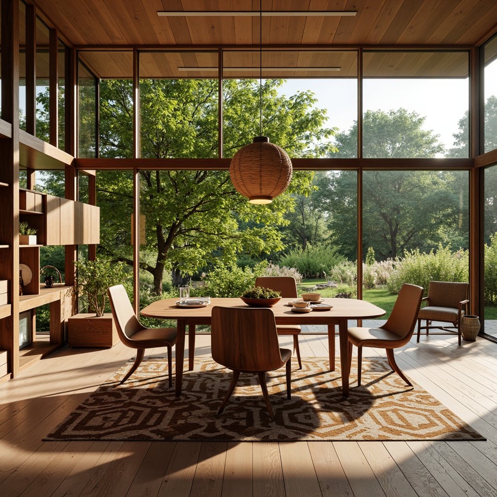 Prompt: Mid-century modern dining room, open-plan layout, minimal ornamentation, clean lines, organic curves, walnut wood furniture, geometric patterned rug, pendant lighting fixtures, rounded shapes, earthy color palette, natural materials, large windows, sliding glass doors, lush greenery views, sunny afternoon, soft warm lighting, shallow depth of field, 1/1 composition, realistic textures, ambient occlusion.