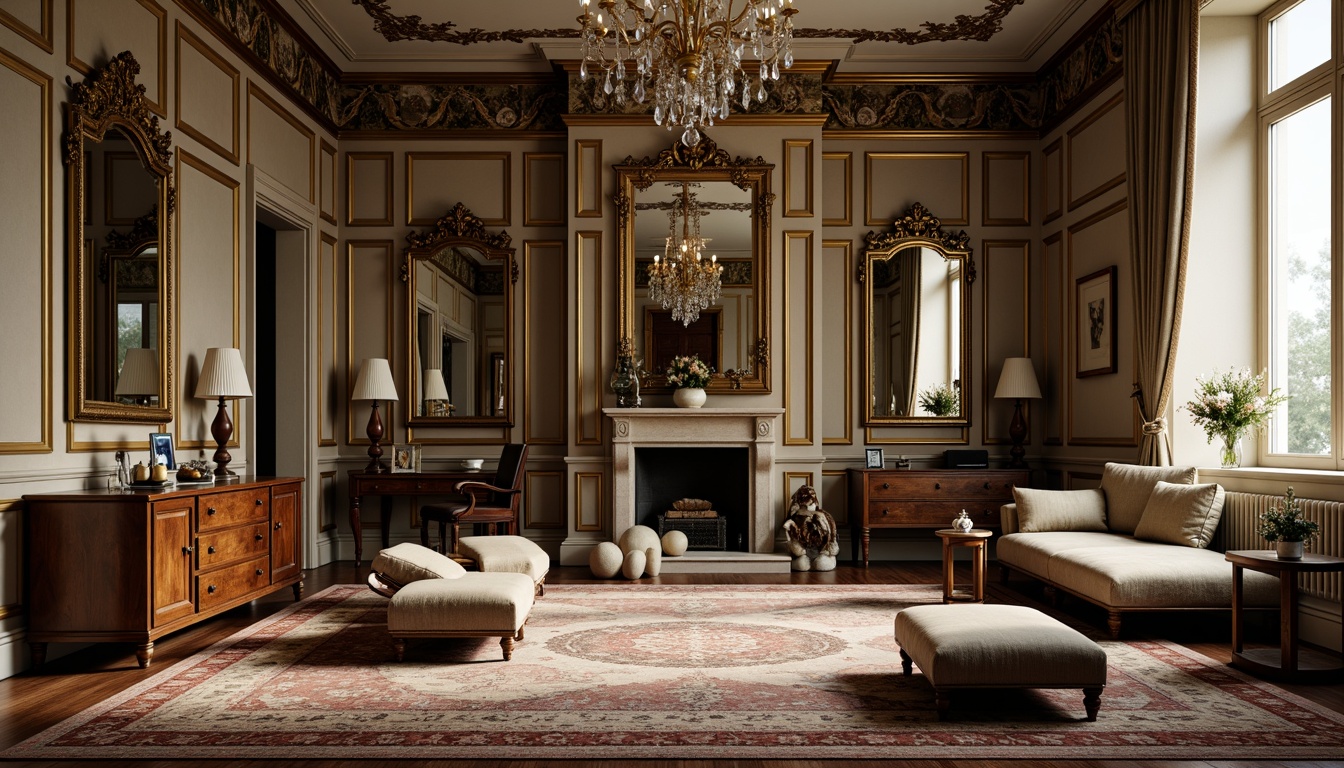 Prompt: Elegant neoclassical interior, ornate mirrors, crystal chandeliers, velvet upholstery, gilded frames, carved wooden furniture, intricate patterns, luxurious fabrics, subtle color palette, refined silhouettes, sophisticated ambiance, soft warm lighting, shallow depth of field, 1/1 composition, realistic textures, ambient occlusion, plush area rugs, statement pieces, antique artifacts, distressed finishes, tufted ottomans.