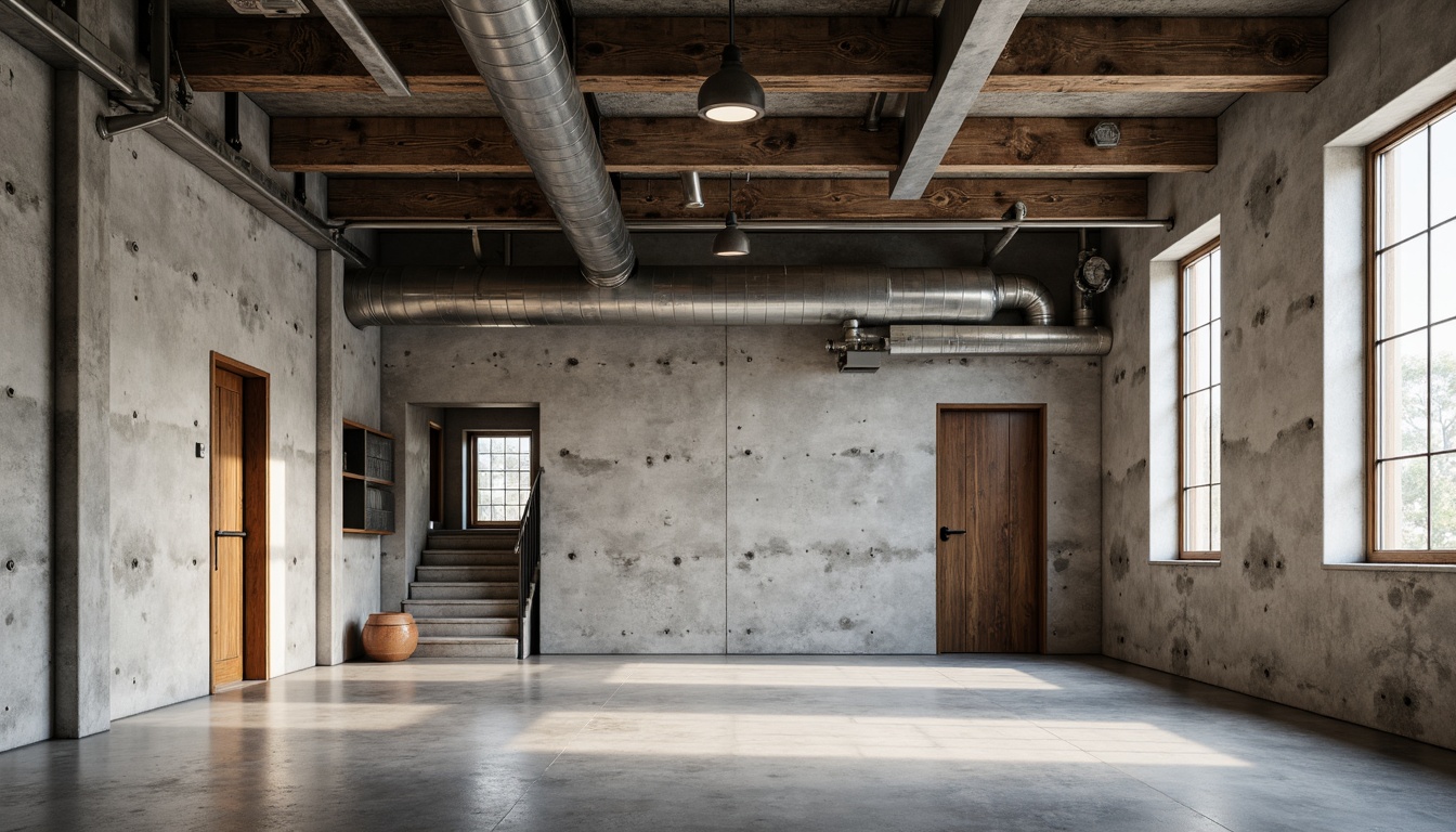 Prompt: Industrial concrete walls, metallic machinery, exposed ductwork, neutral color scheme, monochromatic tones, weathered steel beams, reclaimed wood accents, functional lighting, urban loft atmosphere, high ceilings, open spaces, minimalist decor, industrial chic aesthetic, desaturated colors, distressed textures, utilitarian vibe, raw materials, brutalist architecture, natural light, airy atmosphere, 1/2 composition, shallow depth of field, soft warm lighting.