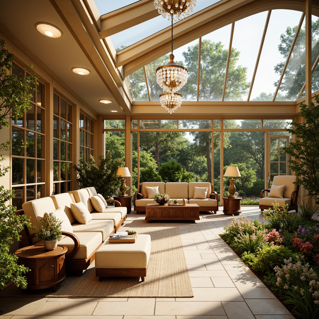 Prompt: Vibrant sunroom, Art Deco style, ornate metalwork, luxurious fabrics, warm beige tones, soft cream accents, elegant chandeliers, crystal pendant lights, floor lamps with sculpted shapes, natural stone flooring, large skylights, clerestory windows, lush greenery, blooming flowers, sunny day, warm golden lighting, shallow depth of field, 3/4 composition, realistic textures, ambient occlusion.