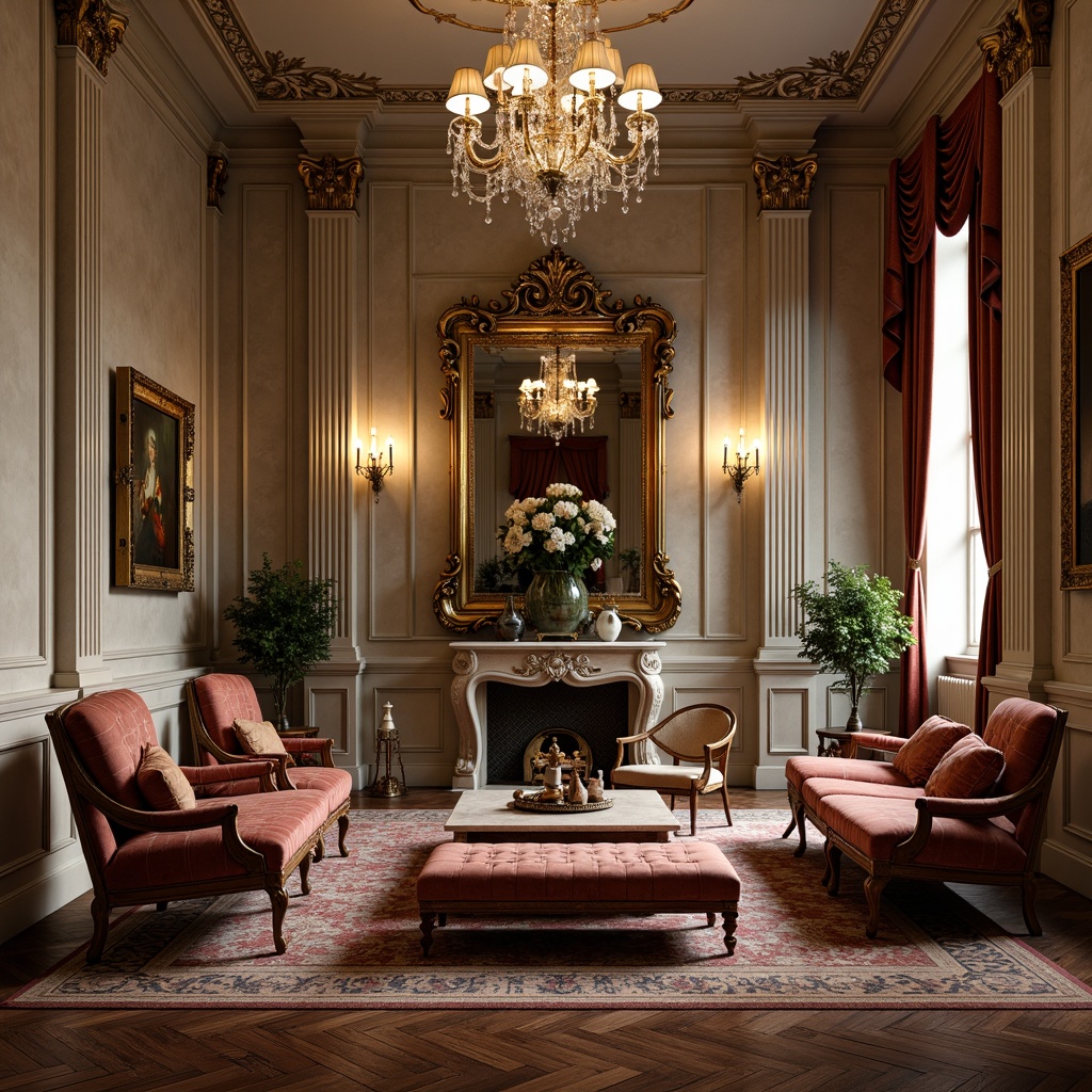 Prompt: Luxurious neoclassical interior, ornate furnishings, intricately carved wooden chairs, velvet upholstered sofas, gilded frames, crystal chandeliers, marble coffee tables, tufted ottomans, ornamental mirrors, richly patterned rugs, classical columns, grandiose scale, soft warm lighting, 1/1 composition, realistic textures, ambient occlusion.