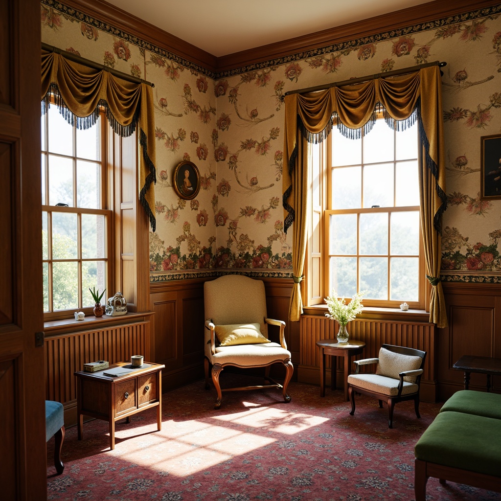 Prompt: \Richly patterned wallpaper, soft pastel colors, ornate wooden wainscoting, decorative chair rails, intricate moldings, plush carpeting, velvet drapes, tassel trimmings, antique furniture pieces, vintage toy displays, warm golden lighting, shallow depth of field, 1/2 composition, soft focus effect, realistic textures, ambient occlusion.\