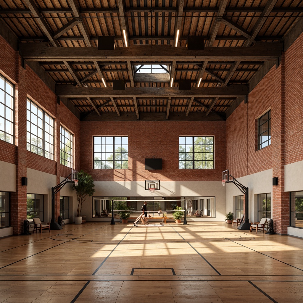 Prompt: Rustic gymnasium interior, exposed brick walls, industrial metal beams, polished wooden floors, athletic equipment, basketball hoops, volleyball nets, weightlifting machines, mirrored walls, natural stone accents, earthy color palette, warm soft lighting, 1/1 composition, shallow depth of field, realistic textures, ambient occlusion.