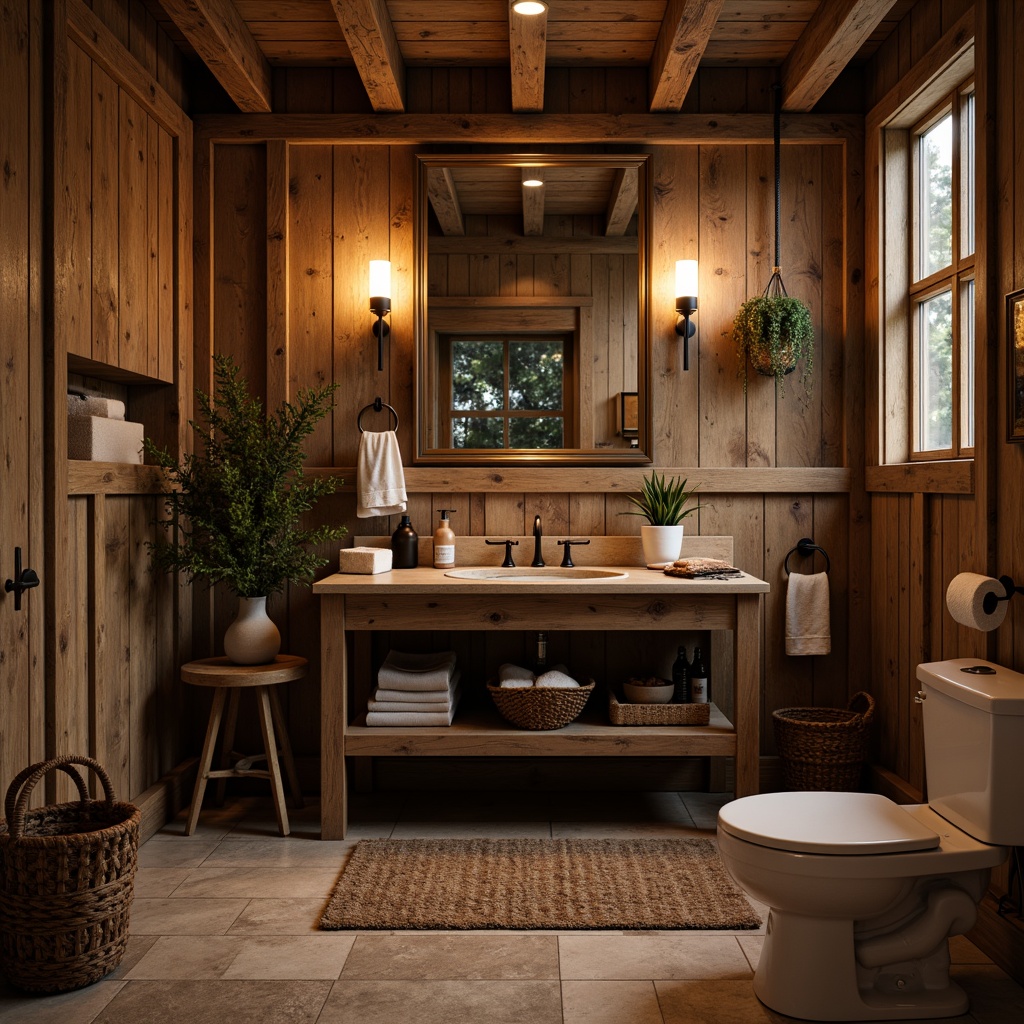 Prompt: Rustic bathroom, wooden vanity, copper pipes, distressed wood cabinetry, earthy color palette, natural stone flooring, bronze fixtures, vintage-inspired faucets, candle-like lighting, warm ambient glow, soft focus, shallow depth of field, 1/1 composition, realistic textures, ambient occlusion.