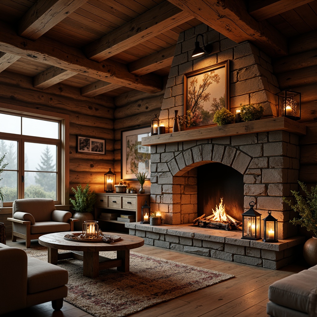 Prompt: Rustic cabin, wooden beams, stone fireplace, earthy tones, vintage metal lanterns, distressed finishes, candlelit ambiance, warm soft lighting, pendant lights, metal shades, Edison bulbs, industrial chic decor, reclaimed wood accents, cozy nooks, natural textiles, woven baskets, earthy scents, autumnal colors, misty morning light, shallow depth of field, 1/1 composition, realistic textures.