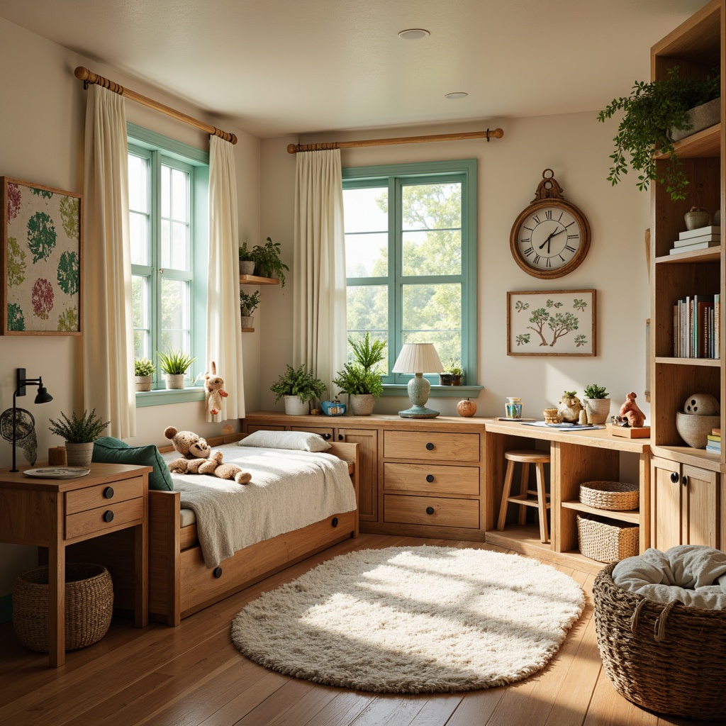 Prompt: Cozy kids' bedroom, rustic wooden furniture, vintage toys, woven baskets, soft plush carpets, pastel color palette, whimsical wall art, nature-inspired decor, floral patterns, distressed finishes, antique hardware, comfortable reading nook, built-in bookshelves, playful lighting fixtures, warm beige walls, natural oak flooring, lively green accents, sunny afternoon, shallow depth of field, 1/1 composition, intimate atmosphere, realistic textures.