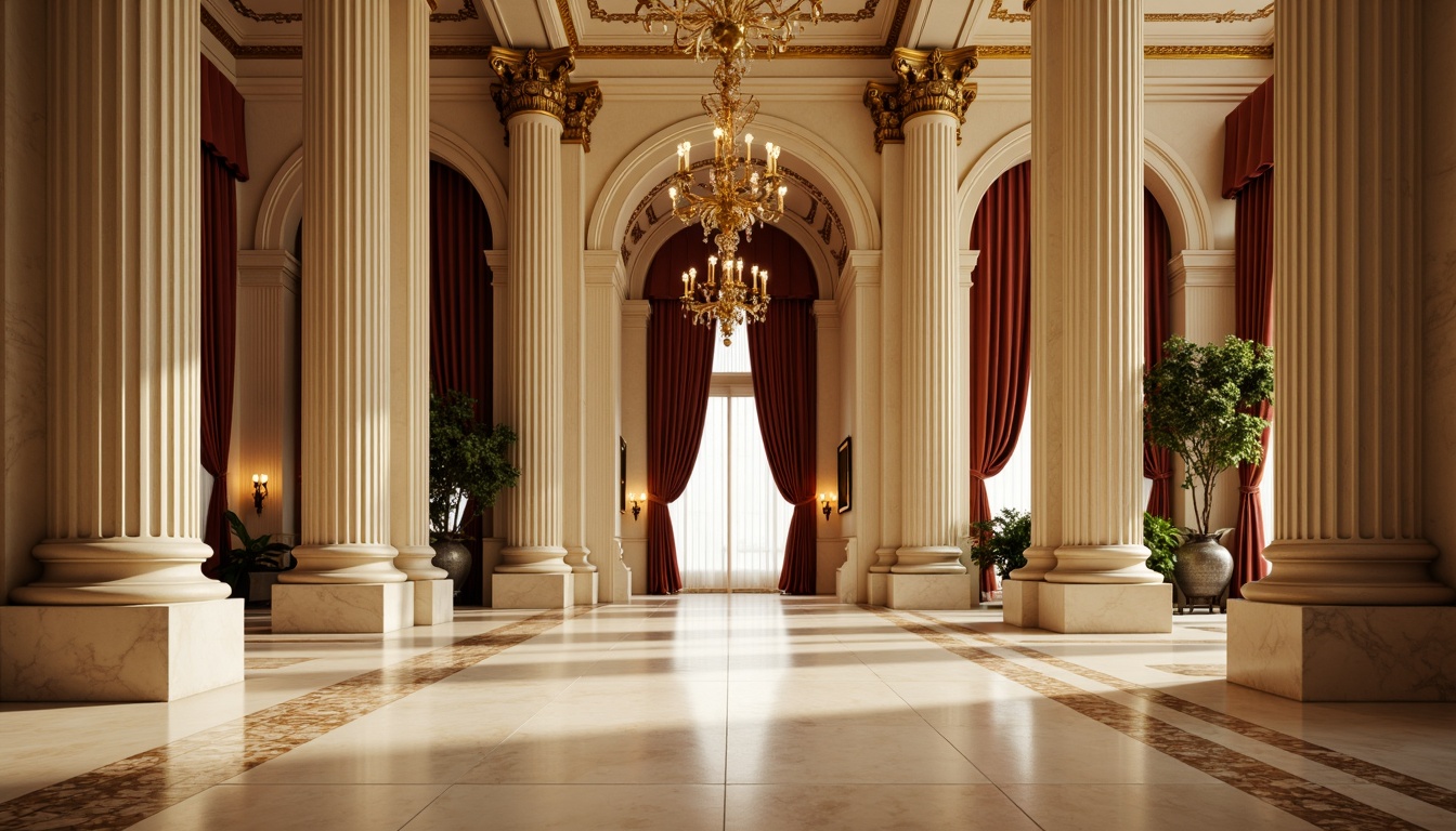 Prompt: Elegant interior space, tall fluted columns, ornate Corinthian capitals, creamy marble floors, rich wood paneling, luxurious velvet drapes, golden chandeliers, intricate moldings, subtle archways, classical proportions, harmonious balance, soft warm lighting, shallow depth of field, 1/2 composition, realistic textures, ambient occlusion.