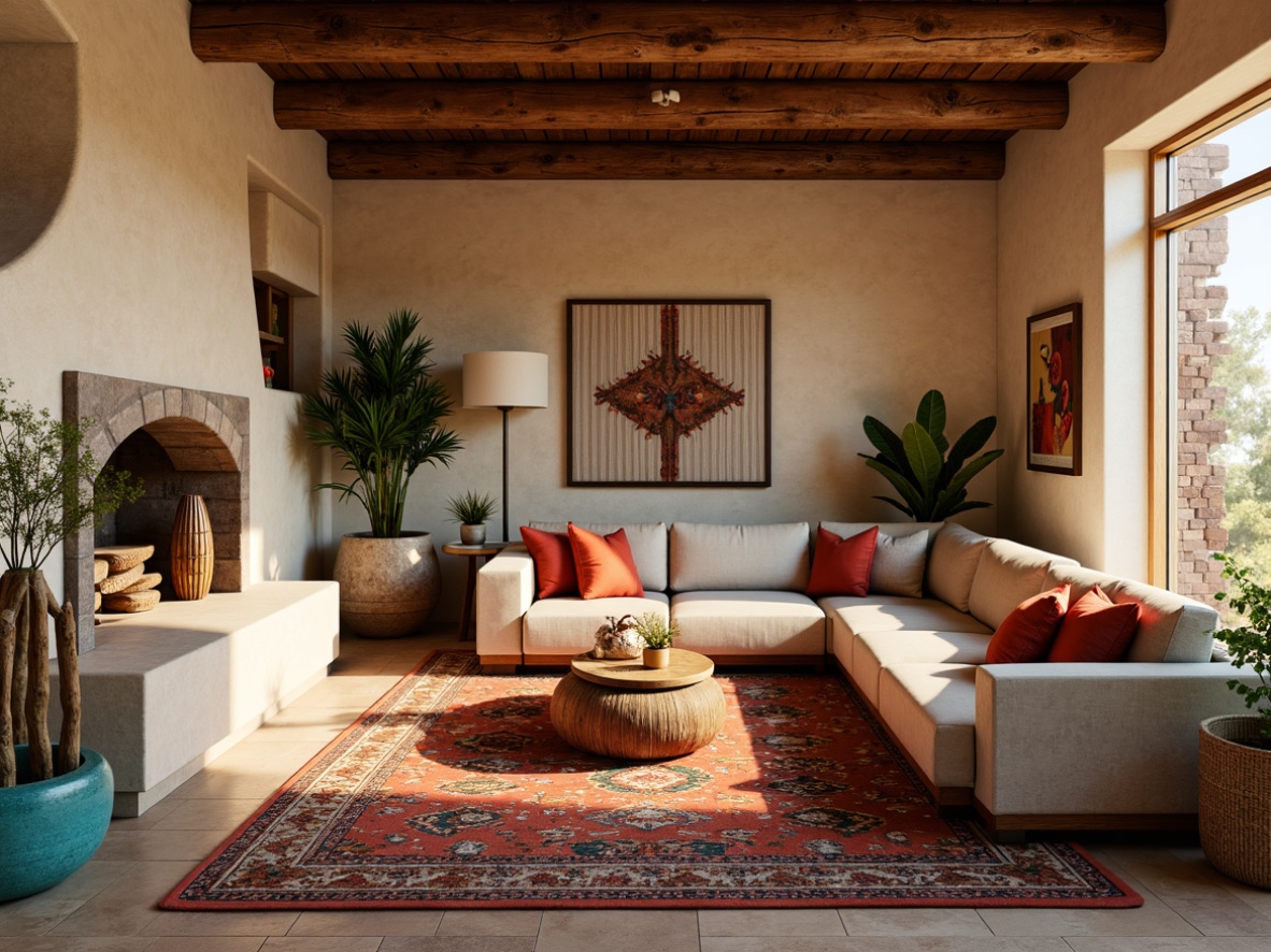 Prompt: Vibrant turquoise accents, rustic wooden beams, earthy terracotta pots, plush southwestern-patterned rugs, natural woven baskets, warm beige stucco walls, grand stone fireplaces, comfortable sectional sofas, vibrant red and orange throw pillows, intricate Native American-inspired textiles, soft warm lighting, shallow depth of field, 3/4 composition, panoramic view, realistic textures, ambient occlusion.