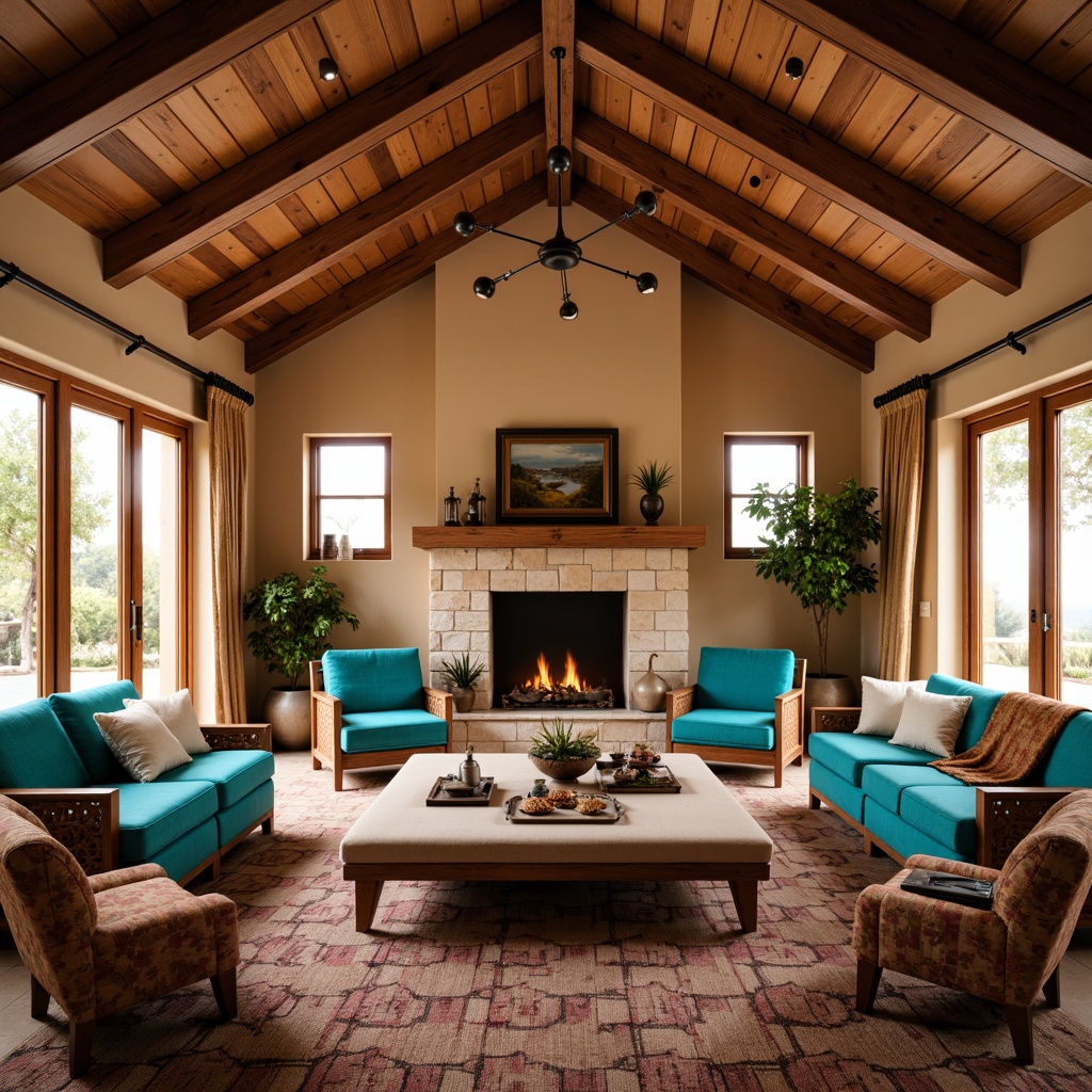 Prompt: Southwestern great room, warm earthy tones, rustic wooden beams, vibrant turquoise accents, plush woven textiles, patterned rugs, natural stone fireplace, comfortable oversized furniture, soft warm lighting, shallow depth of field, 3/4 composition, panoramic view, realistic textures, ambient occlusion.