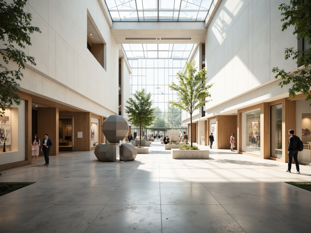 Prompt: Minimalist shopping center, open atrium, natural light pouring in, sleek white walls, polished concrete floors, sparse greenery, modern abstract sculptures, geometric-shaped kiosks, minimalist product displays, industrial-chic metal beams, large glass ceilings, airy corridors, shallow depth of field, 1/1 composition, realistic textures, ambient occlusion, warm soft lighting, calm atmosphere.