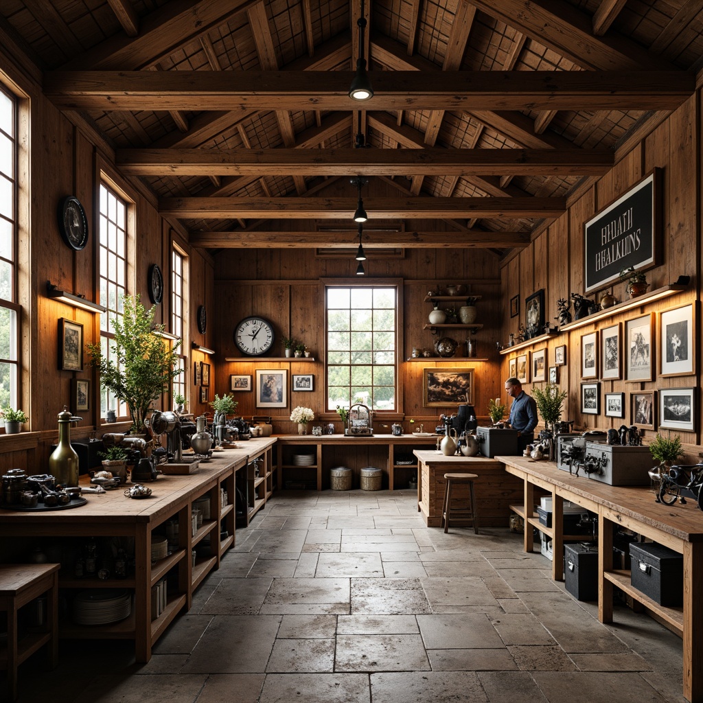 Prompt: Rustic workshop interior, exposed wooden beams, distressed metal accents, reclaimed wood walls, earthy color palette, vintage machinery displays, industrial-style lighting fixtures, worn stone flooring, wooden workbenches, metal toolboxes, old-fashioned lanterns, warm softbox lighting, shallow depth of field, 1/1 composition, realistic textures, ambient occlusion.