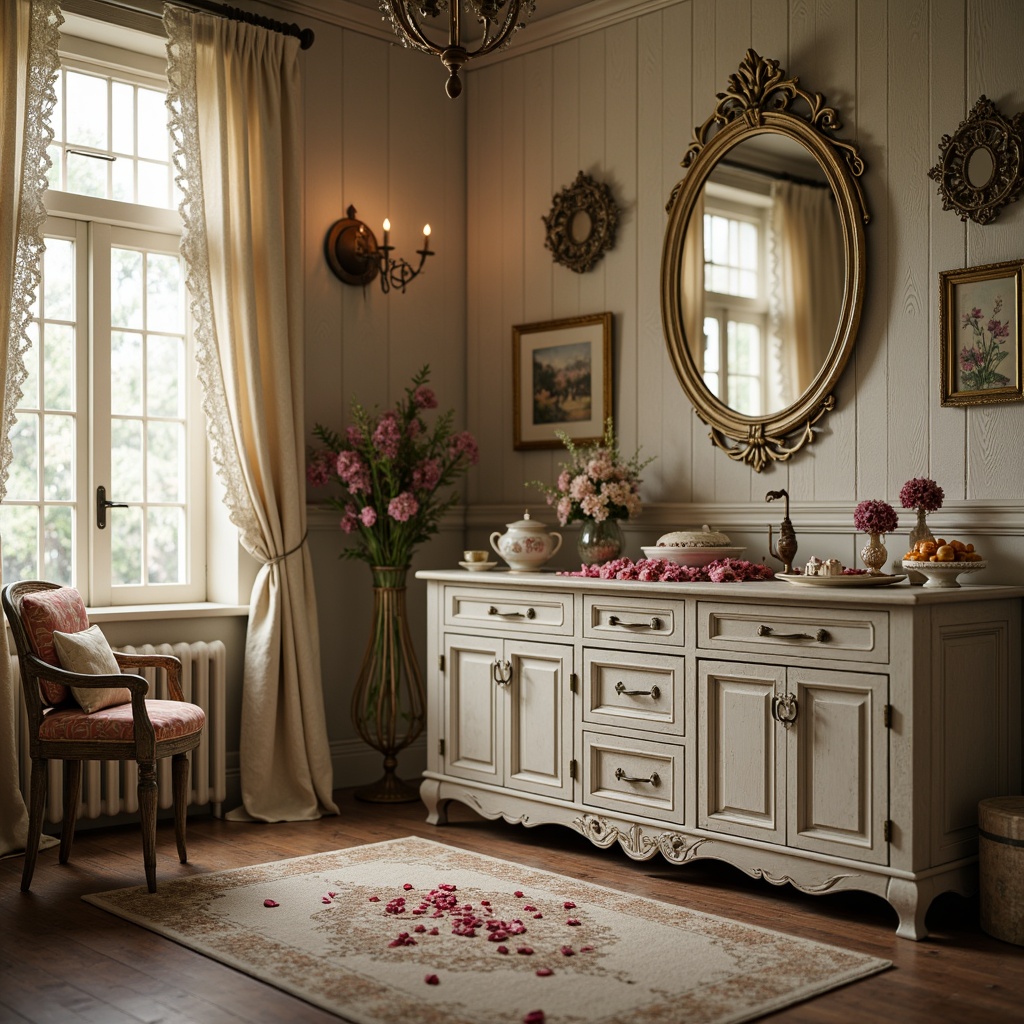 Prompt: Distressed finishes, soft pastel hues, vintage ornaments, lace curtains, rustic wooden furniture, antique hardware, ornate mirrors, floral patterns, ruffled fabrics, delicate china, candlelight ambiance, warm beige tones, faded rose petals, distressed velvet, soft focus photography, 1/1 composition, dreamy atmosphere, romantic lighting.