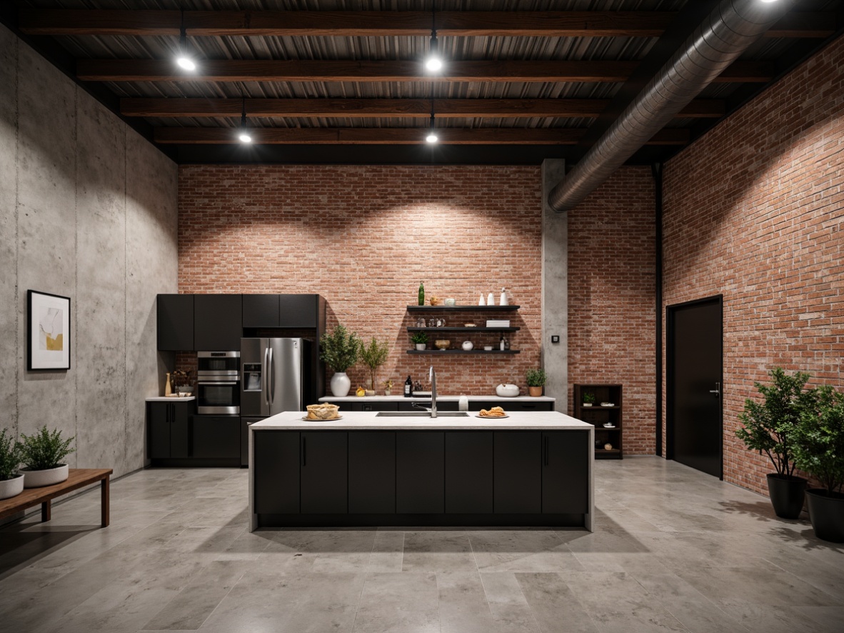 Prompt: Exposed brick walls, distressed concrete finishes, metallic accents, industrial-grade steel beams, reclaimed wood planks, rough-textured stucco, matte black metal frames, minimalist decorative elements, functional shelving units, utilitarian fixtures, urban loft atmosphere, high-contrast color scheme, dramatic overhead lighting, 1/1 composition, low-angle shot, realistic material rendering, ambient occlusion.