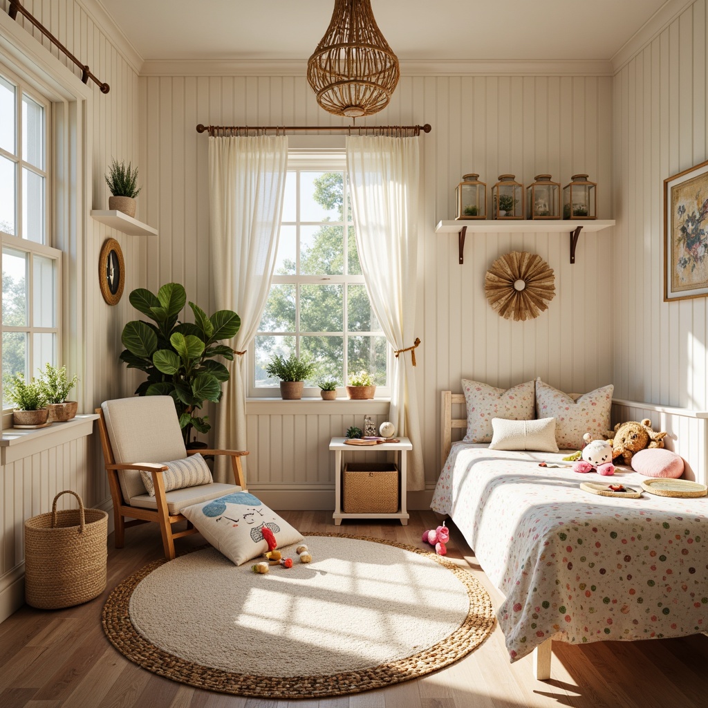 Prompt: Whimsical kids' room, vernacular style, soft pastel colors, creamy whites, warm beige tones, rustic wood accents, distressed finishes, vintage toys, colorful quilts, fluffy pillows, playful polka dots, cheerful stripes, natural fiber rugs, woven baskets, earthy terrariums, sunny afternoon light, warm cozy atmosphere, shallow depth of field, 1/1 composition, inviting textures, soft focus effect.