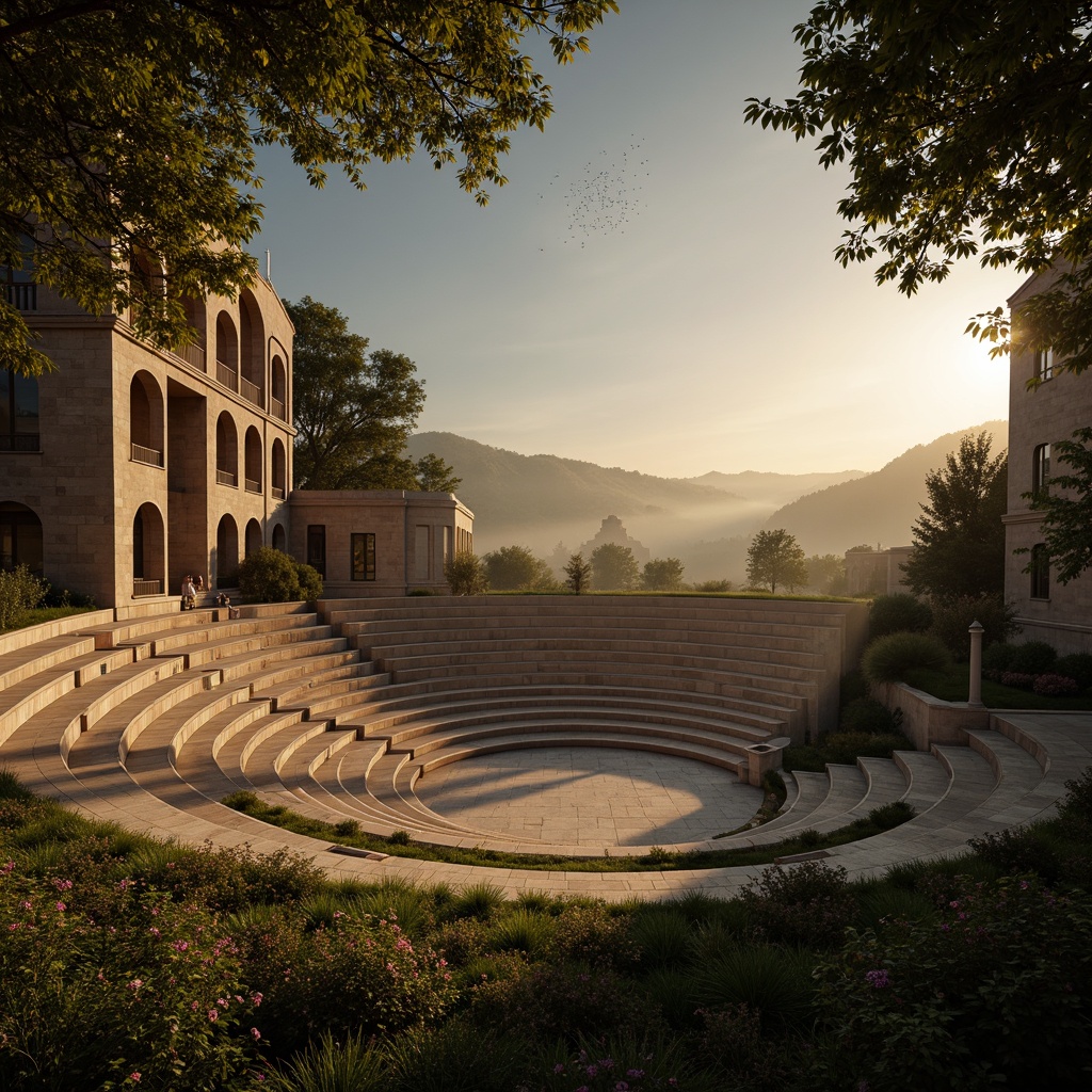 Prompt: Ethereal amphitheater, gentle slope seating, warm golden lighting, soft shadows, majestic arches, ancient stone columns, lush greenery surroundings, serene atmosphere, dramatic spotlighting, subtle color temperature changes, misty fog effects, starry night sky, warm summer evening, shallow depth of field, 1/2 composition, cinematic mood, realistic textures, ambient occlusion.